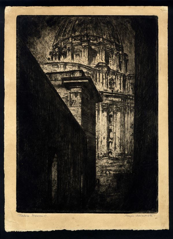 Teodoro Brenson - Scorcio con la Cupola di San Pietro - Roma 1920