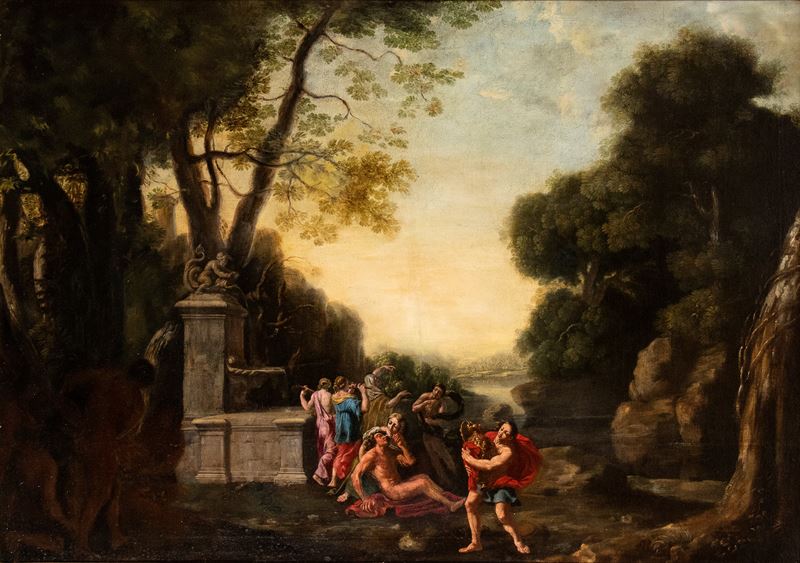 Artista Attivo a Roma, XVII Secolo - Paesaggio con Fontana, Corso D'acqua e Scena di Baccanale