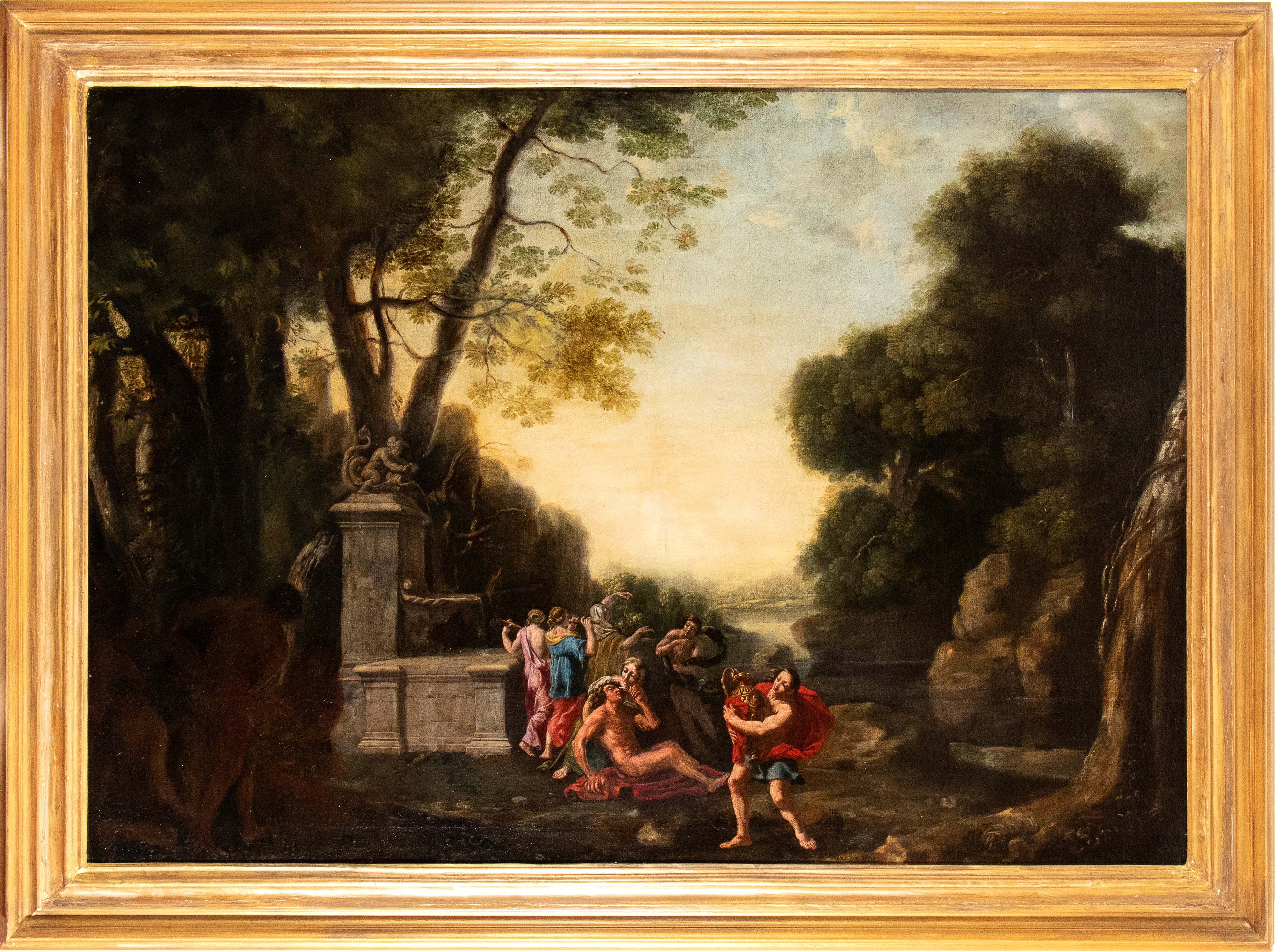 Paesaggio con fontana, corso d'acqua e scena di baccanale