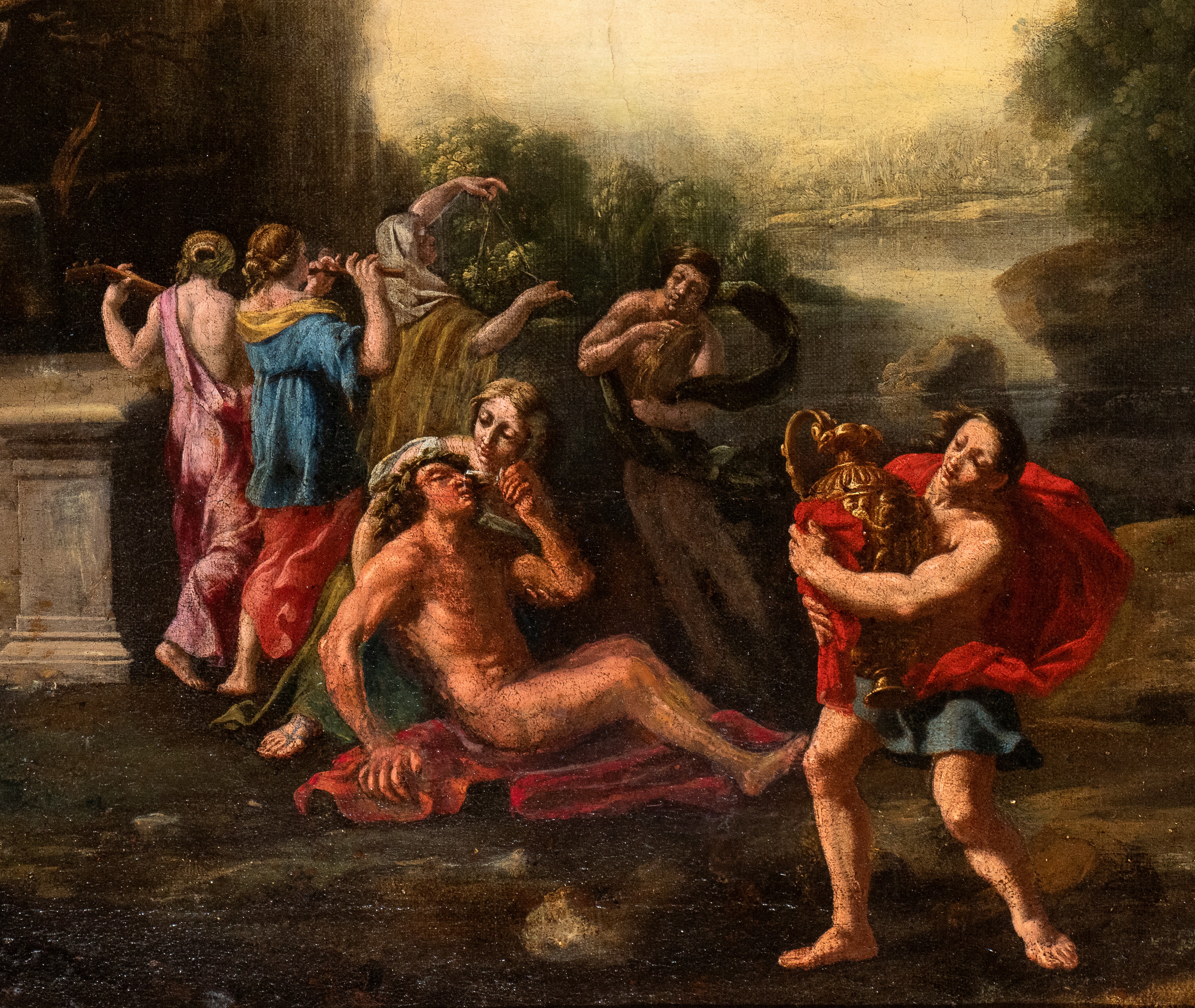 Paesaggio con fontana, corso d'acqua e scena di baccanale