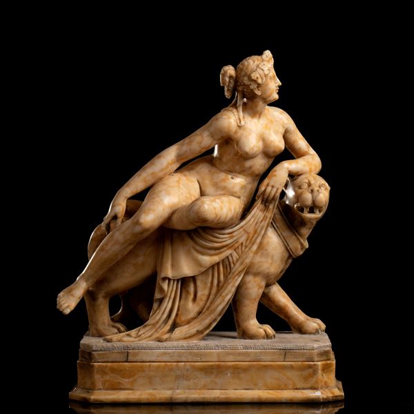 Italian alabaster sculpture of Ariadne and the Panther