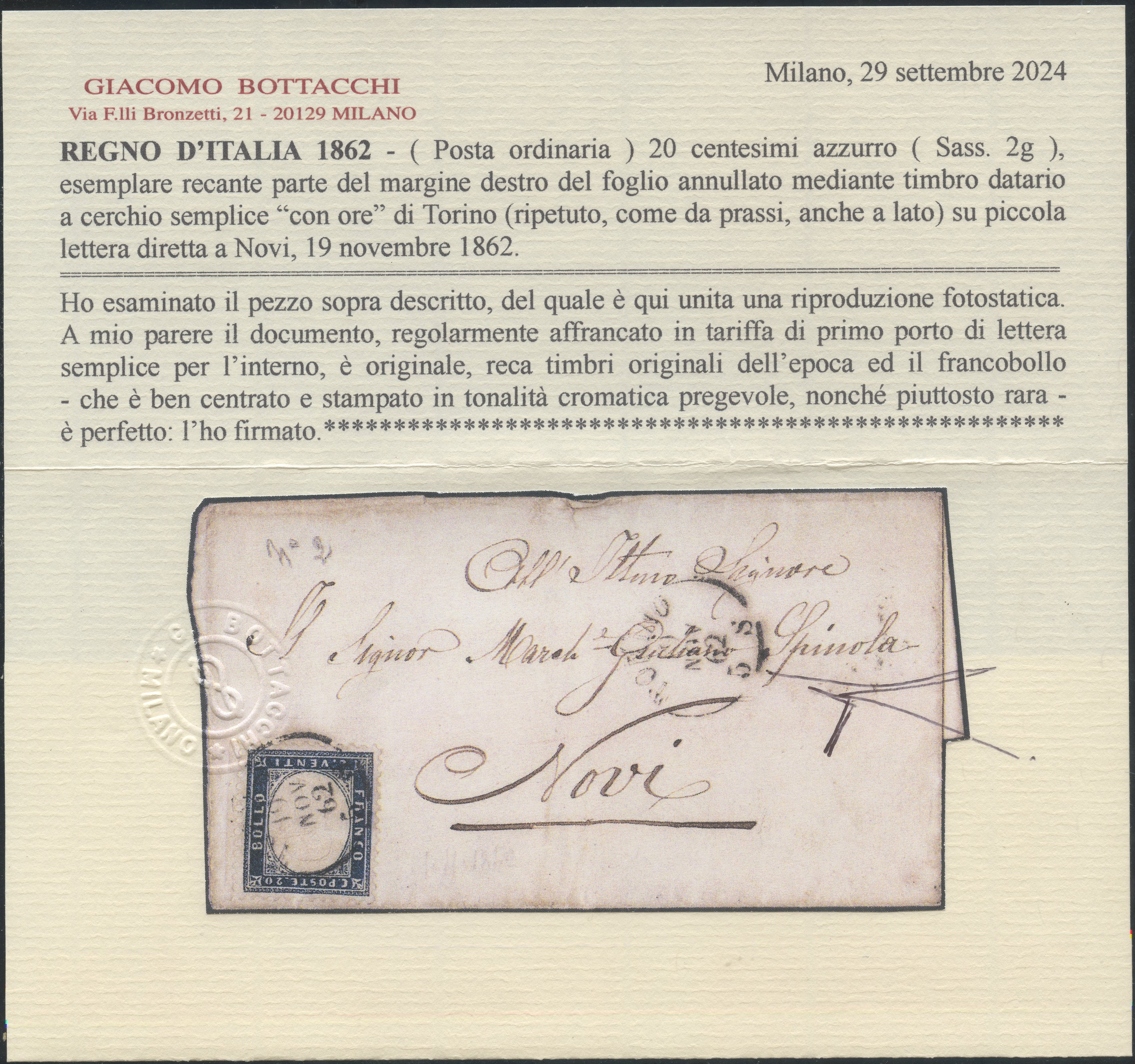 Regno - 20 Cent. Azzurro su Lettera
