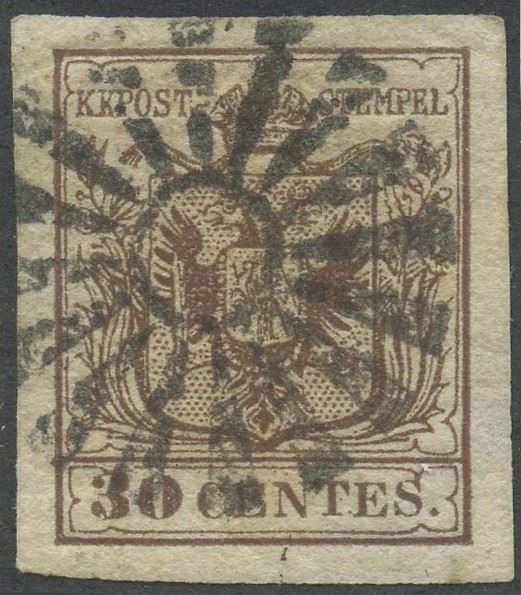 Lombardo Veneto, annullo Muto di Milano su 30 cent. I tipo.