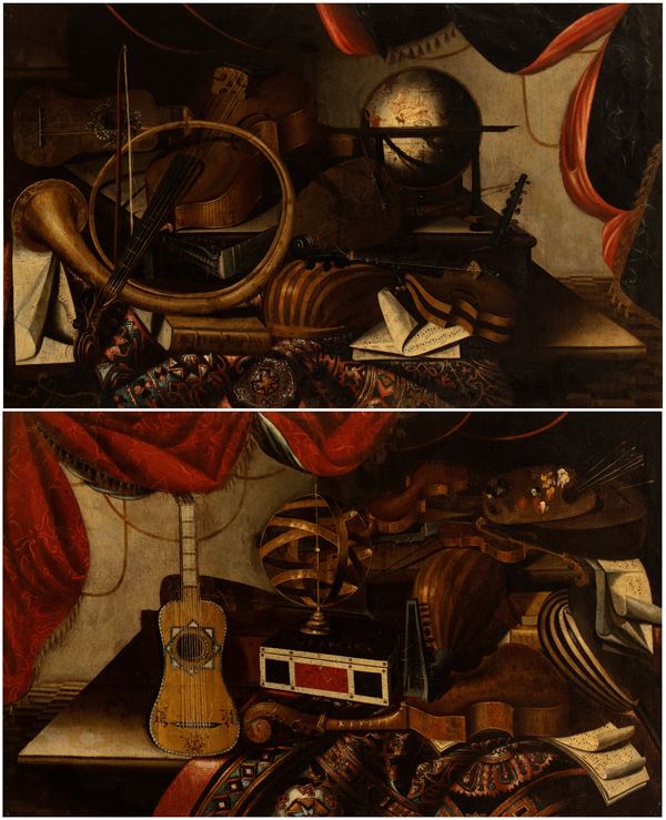 Bartolomeo Bettera - a) Still life with musical instruments, globe and sheet music; b) Still life with musical instruments, palette, astrolabe and sheet music. Pair of paintings