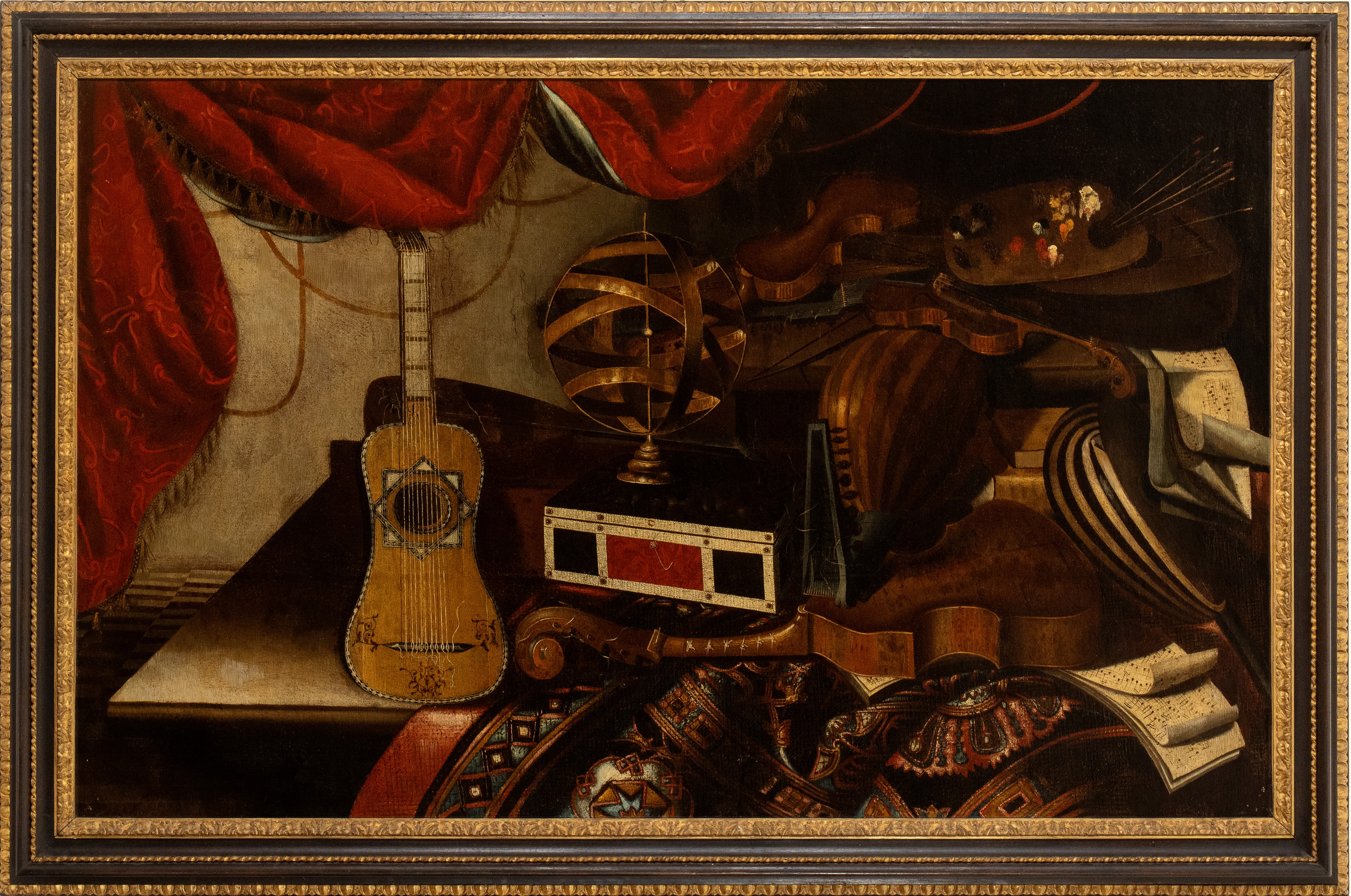 a) Natura morta con strumenti musicali, mappamondo e spartiti; b) Natura morta con strumenti musi...