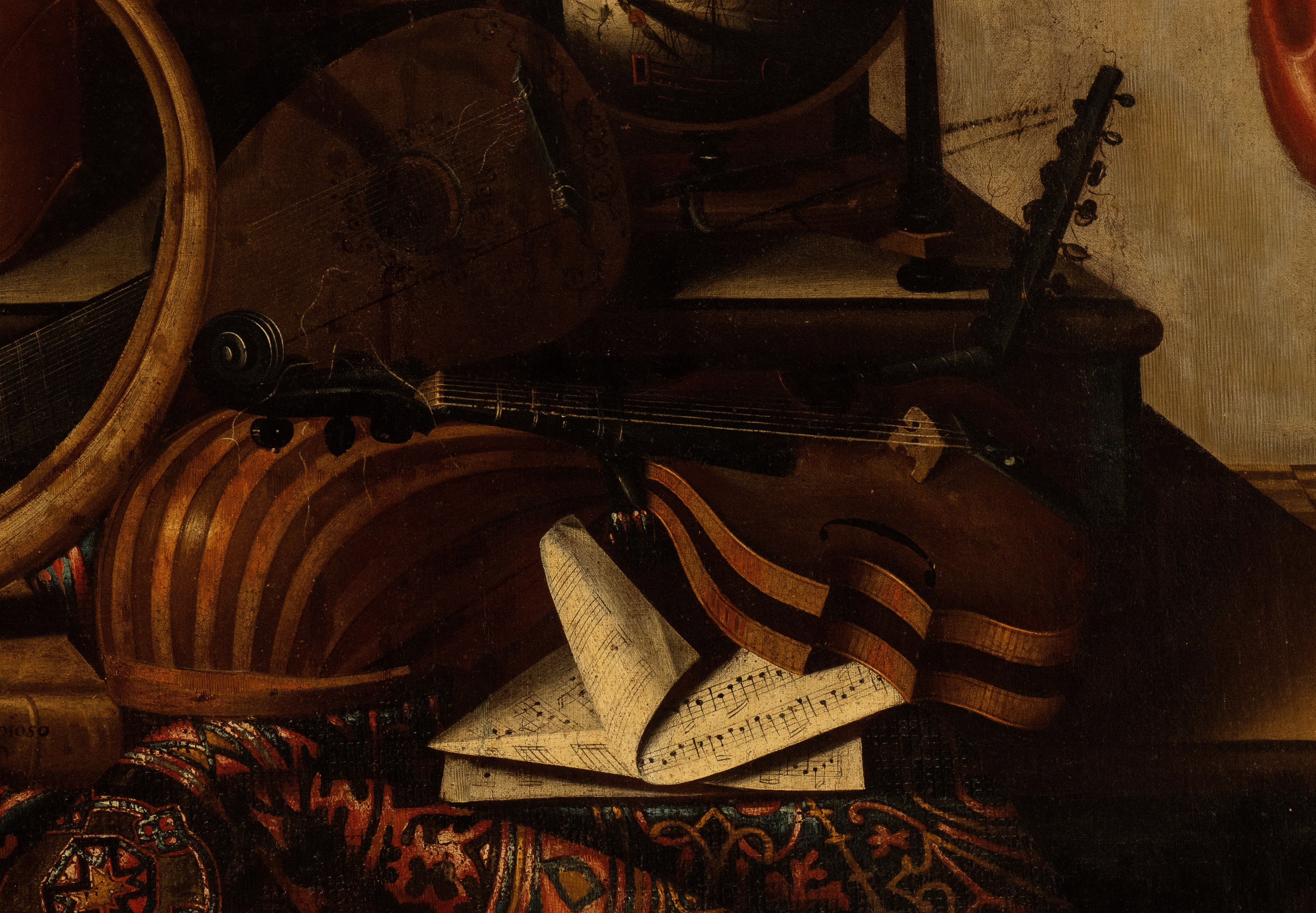 a) Natura morta con strumenti musicali, mappamondo e spartiti; b) Natura morta con strumenti musi...