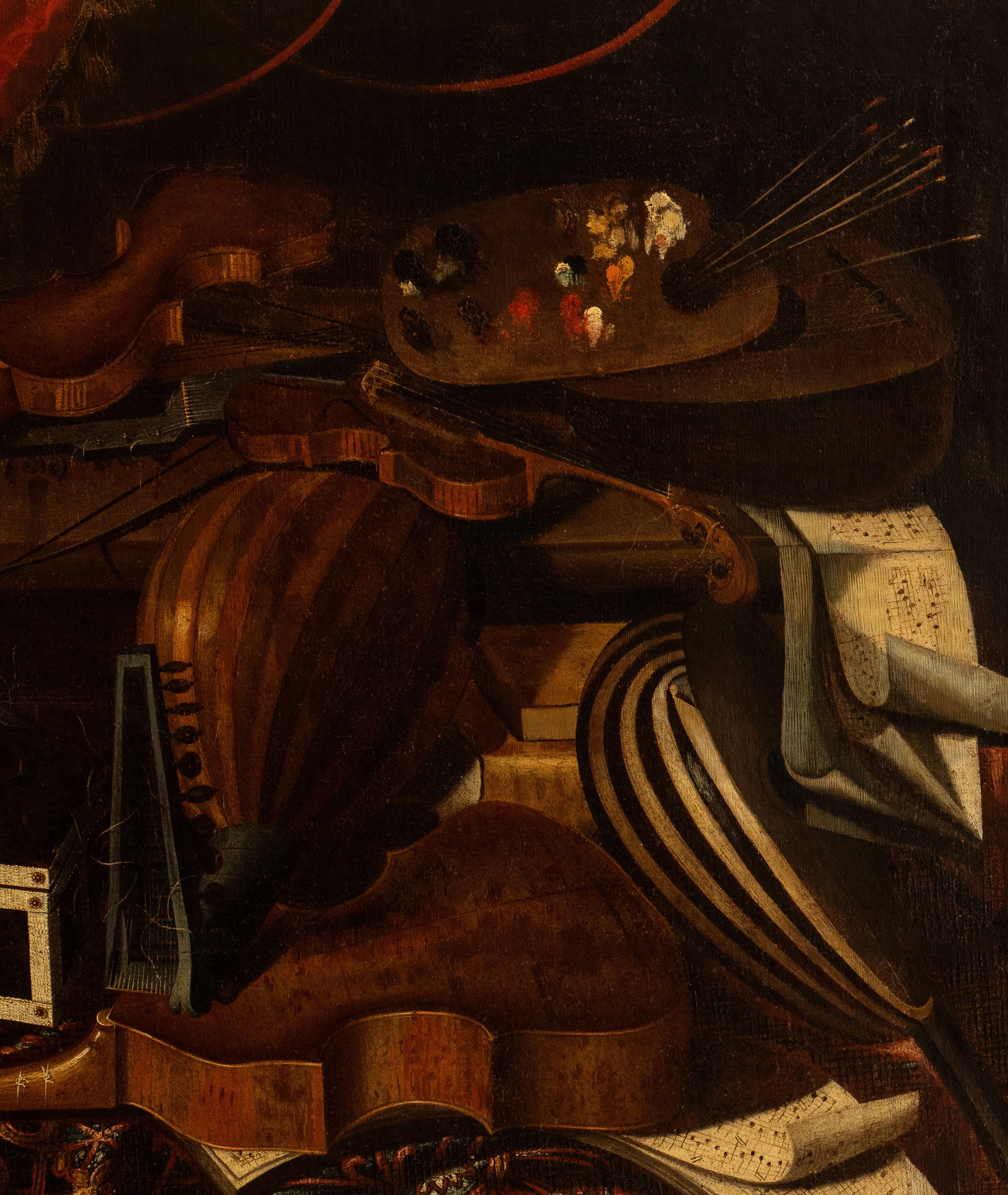 a) Natura morta con strumenti musicali, mappamondo e spartiti; b) Natura morta con strumenti musi...