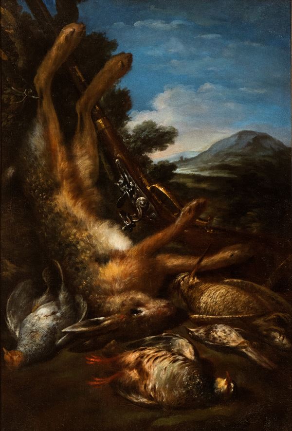 Artista lombardo, fine XVII - inizio XVIII secolo - Still life of game with hare, birds and rifle