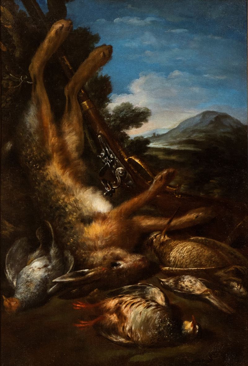 Artista Lombardo, Fine XVII - Inizio XVIII Secolo - Natura Morta di Caccia con Leprotto, Volatili...
