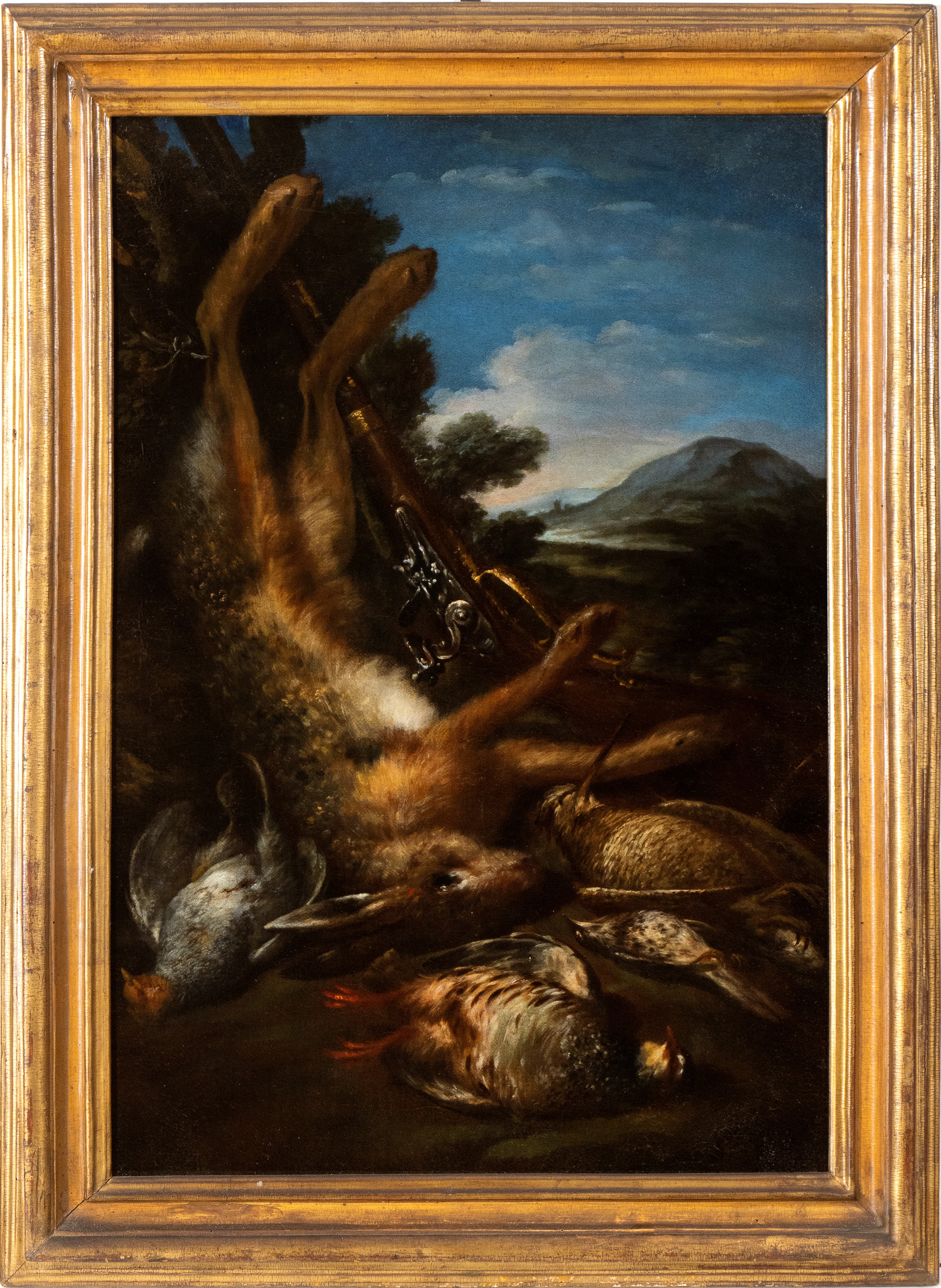 Natura morta di caccia con leprotto, volatili e fucile