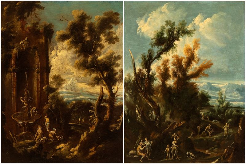 a) Paesaggio con figure che attingono acqua da una fontana e rovine architettoniche; b) Paesaggio...