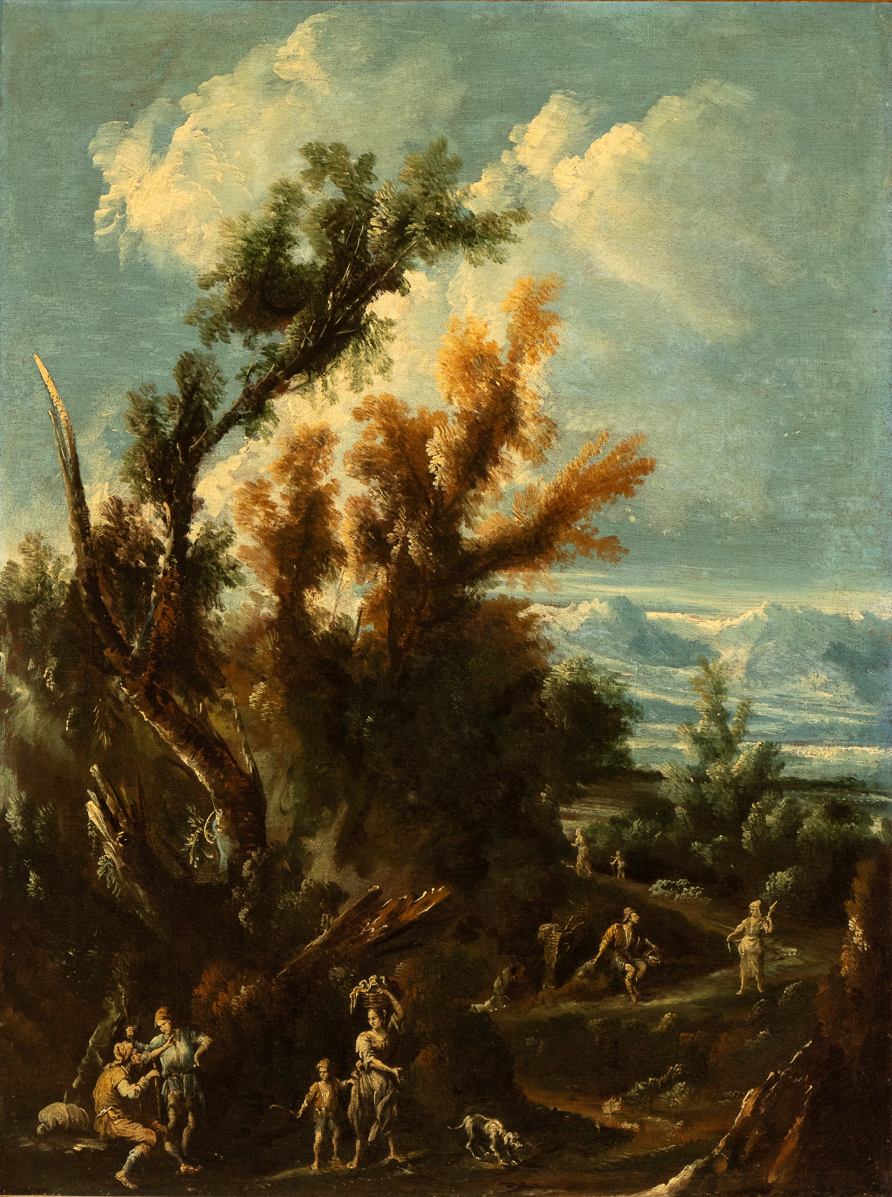 a) Paesaggio con figure che attingono acqua da una fontana e rovine architettoniche; b) Paesaggio...