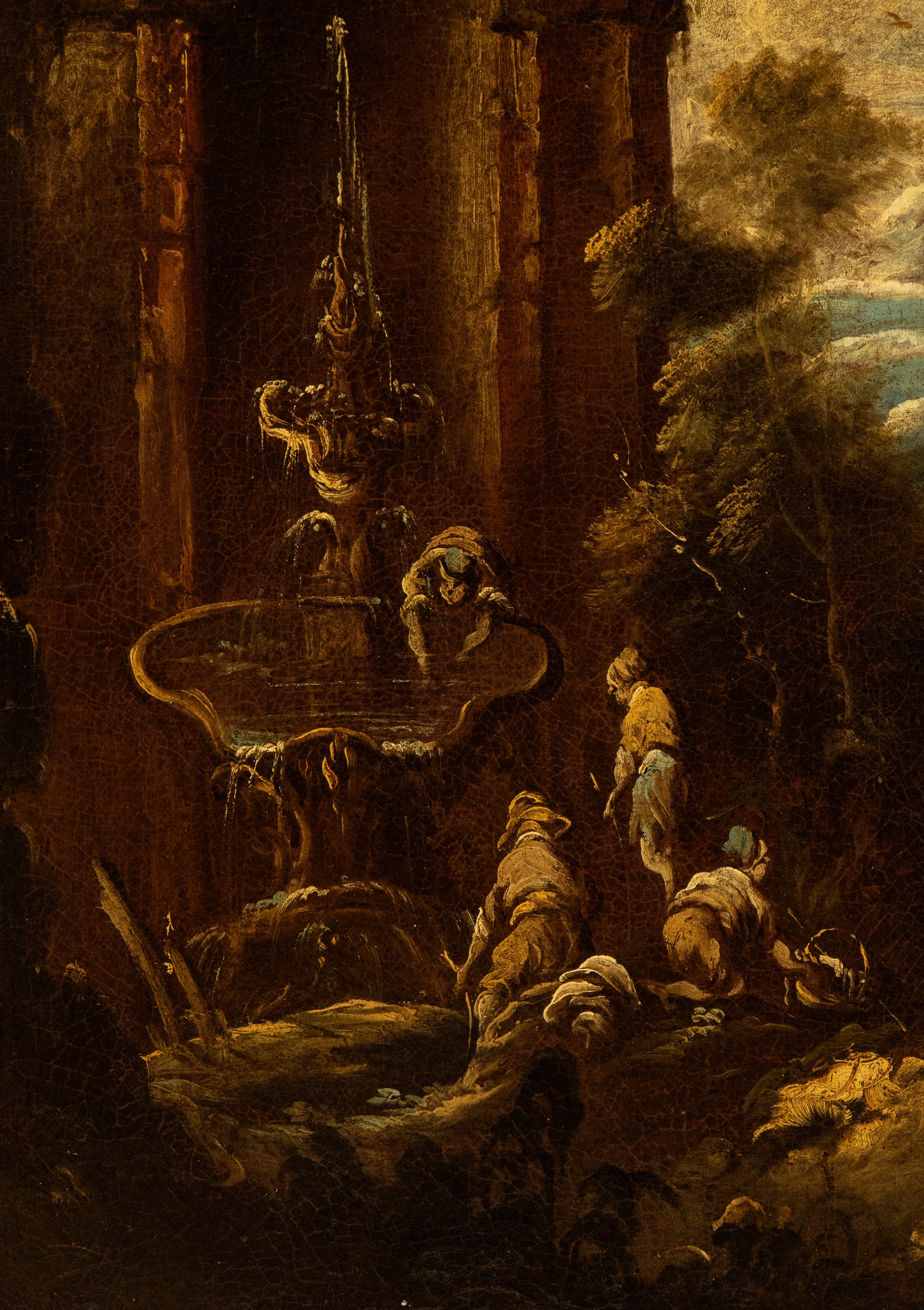 a) Paesaggio con figure che attingono acqua da una fontana e rovine architettoniche; b) Paesaggio...