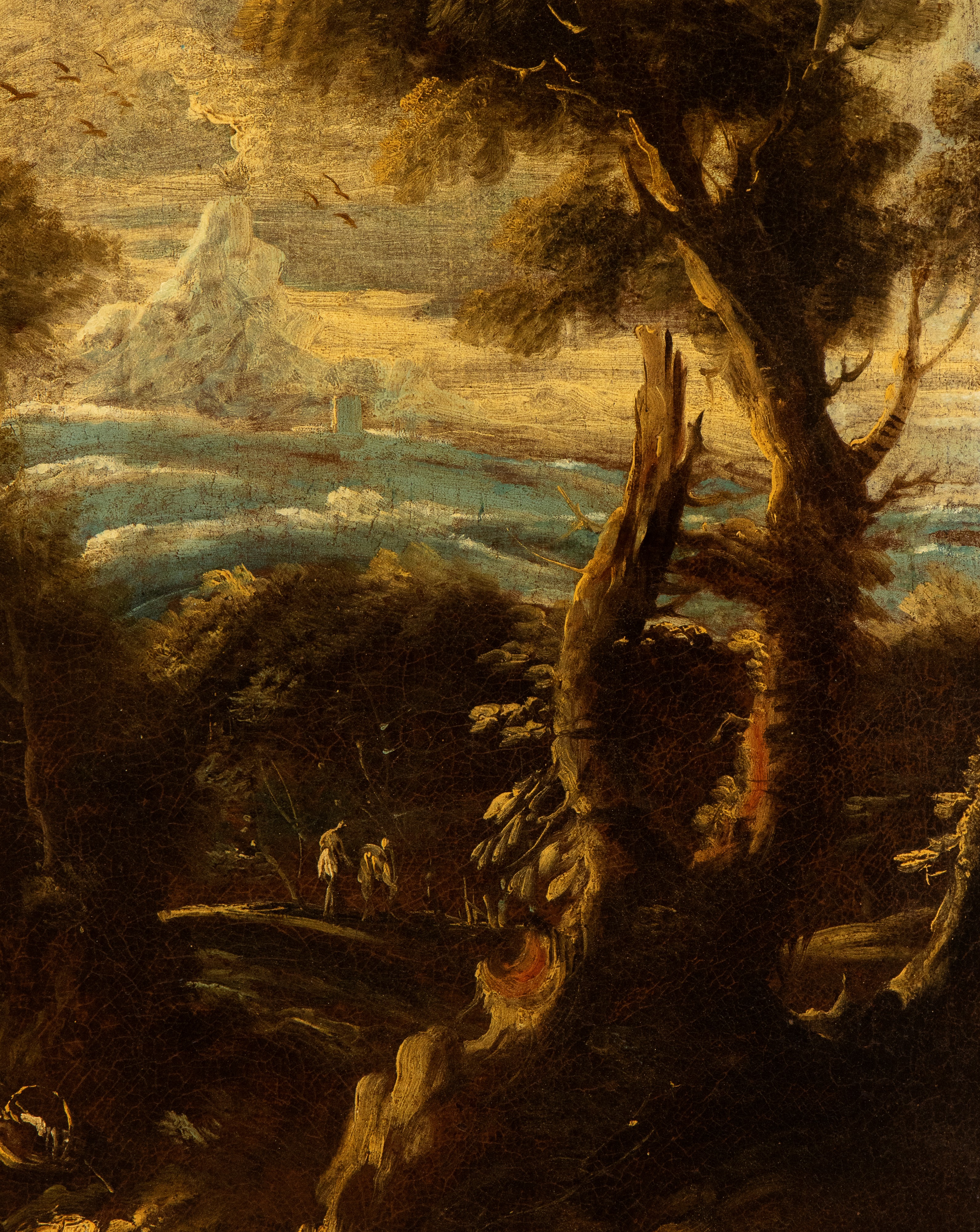 a) Paesaggio con figure che attingono acqua da una fontana e rovine architettoniche; b) Paesaggio...