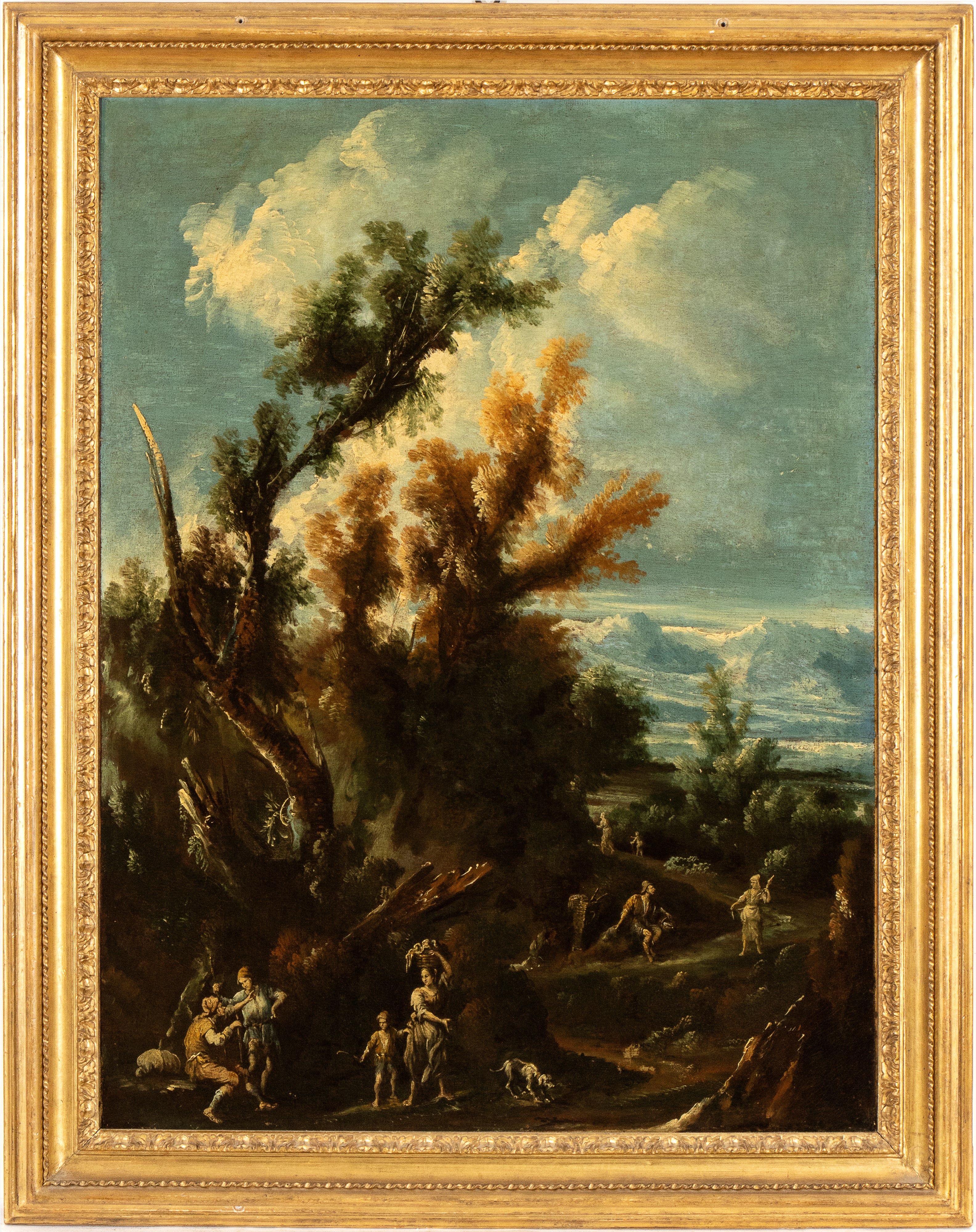 a) Paesaggio con figure che attingono acqua da una fontana e rovine architettoniche; b) Paesaggio...