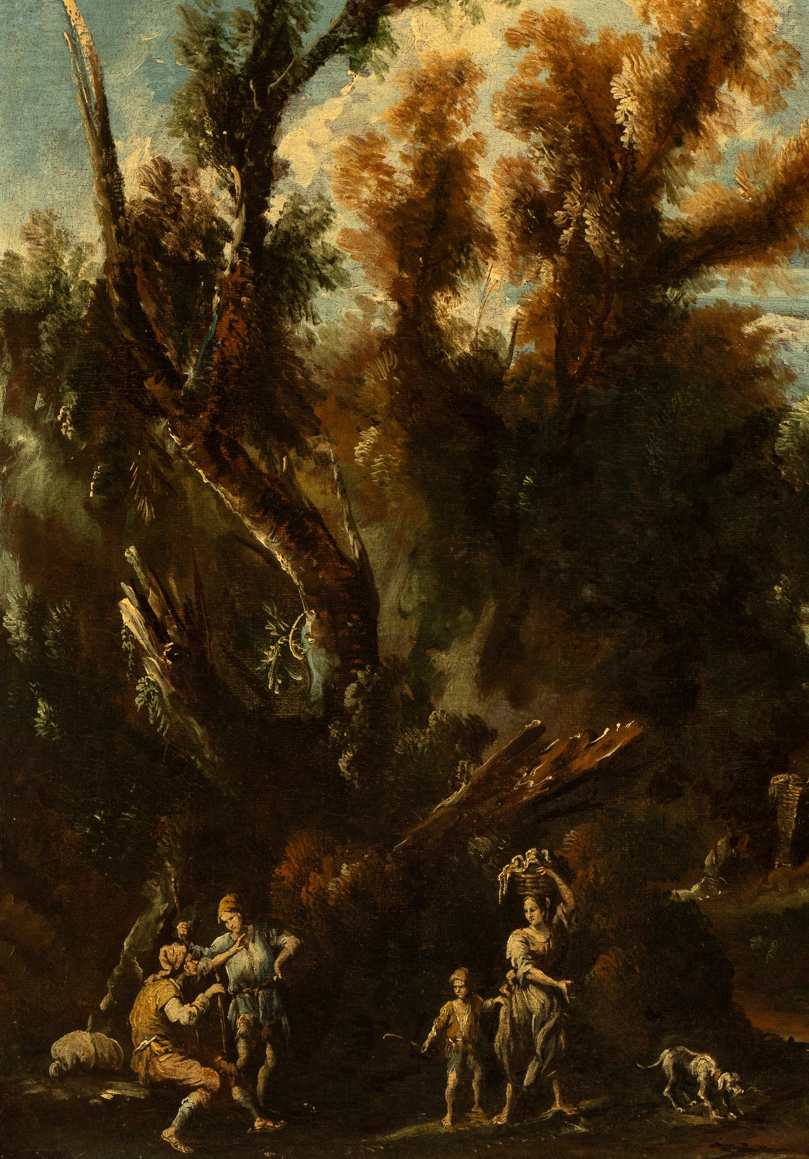 a) Paesaggio con figure che attingono acqua da una fontana e rovine architettoniche; b) Paesaggio...