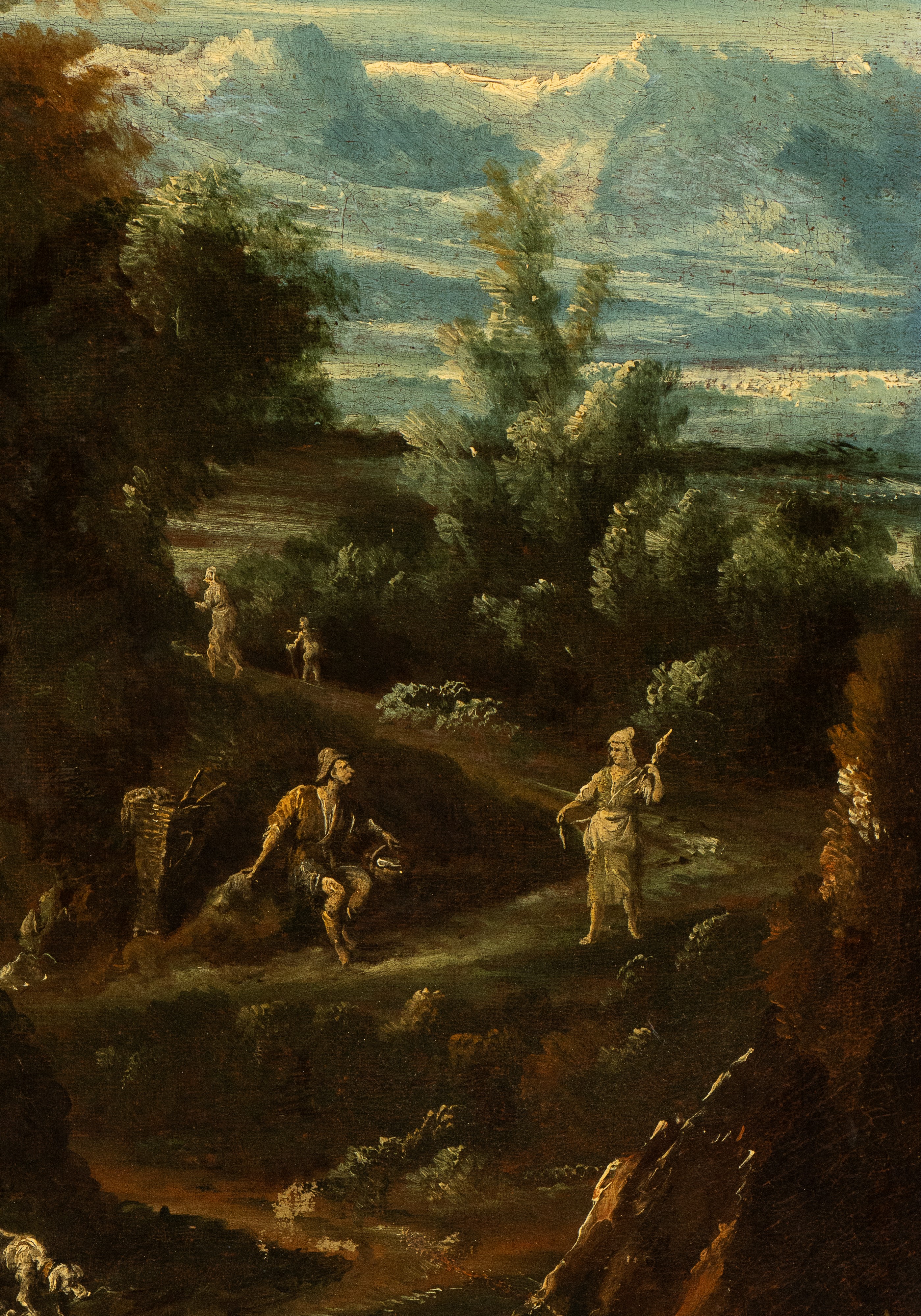 a) Paesaggio con figure che attingono acqua da una fontana e rovine architettoniche; b) Paesaggio...