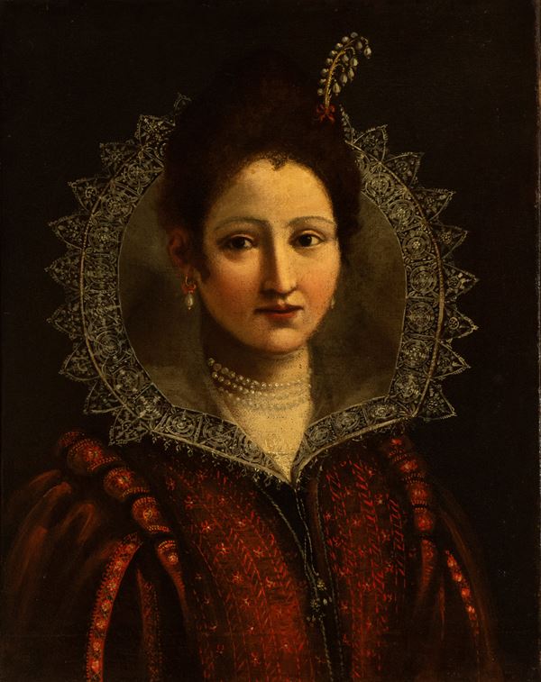 Artista fiammingo, prima met&#224; XVII secolo - Portrait of a noblewoman with pearl necklace and earrings