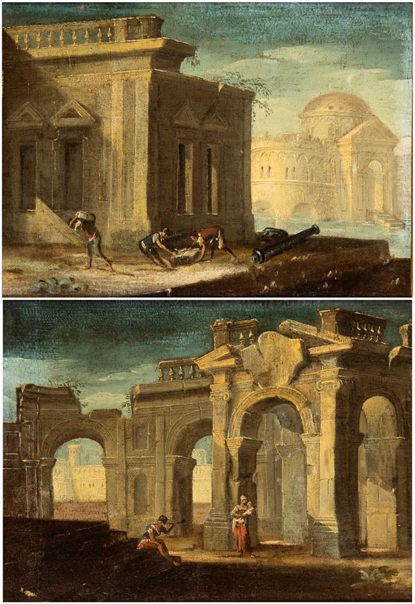 Artista napoletano, XVIII secolo - a) Architectural capriccio with three figures and a cannon; b) Architectural capriccio with a seated figure and a woman with child. Pair of paintings