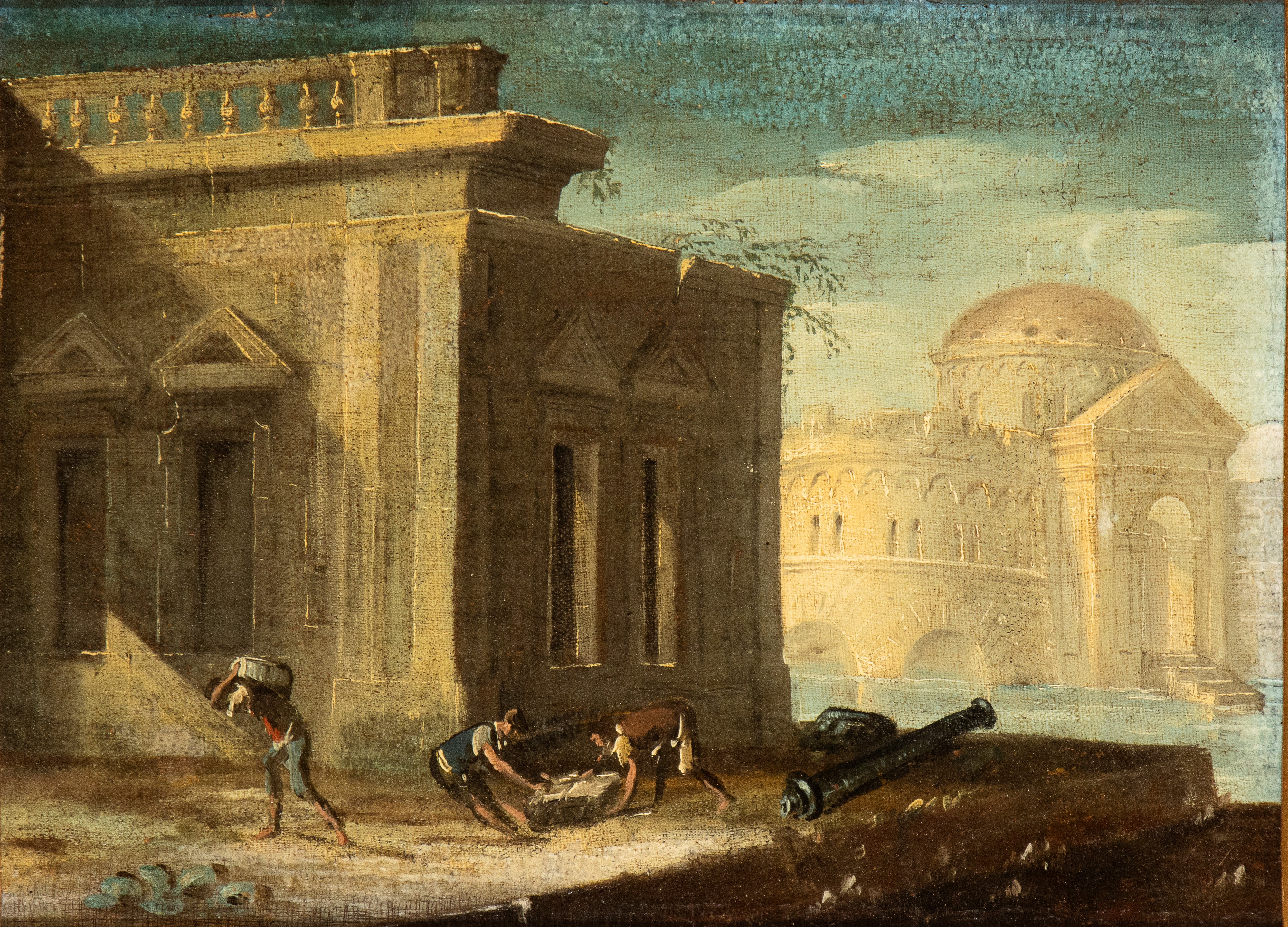 a) Capriccio architettonico con tre figure ed un cannone; b) Capriccio architettonico con una fig...