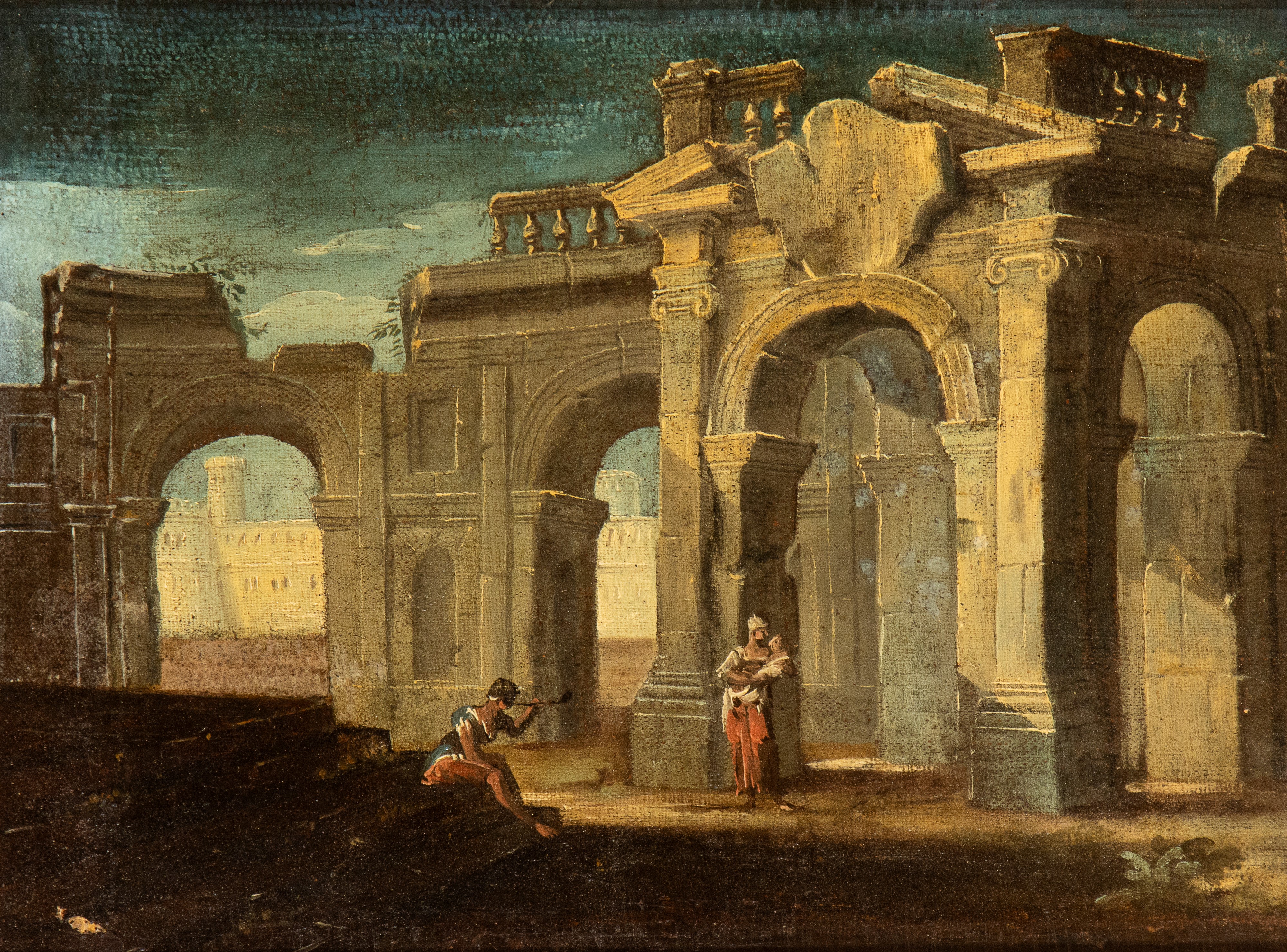 a) Capriccio architettonico con tre figure ed un cannone; b) Capriccio architettonico con una fig...