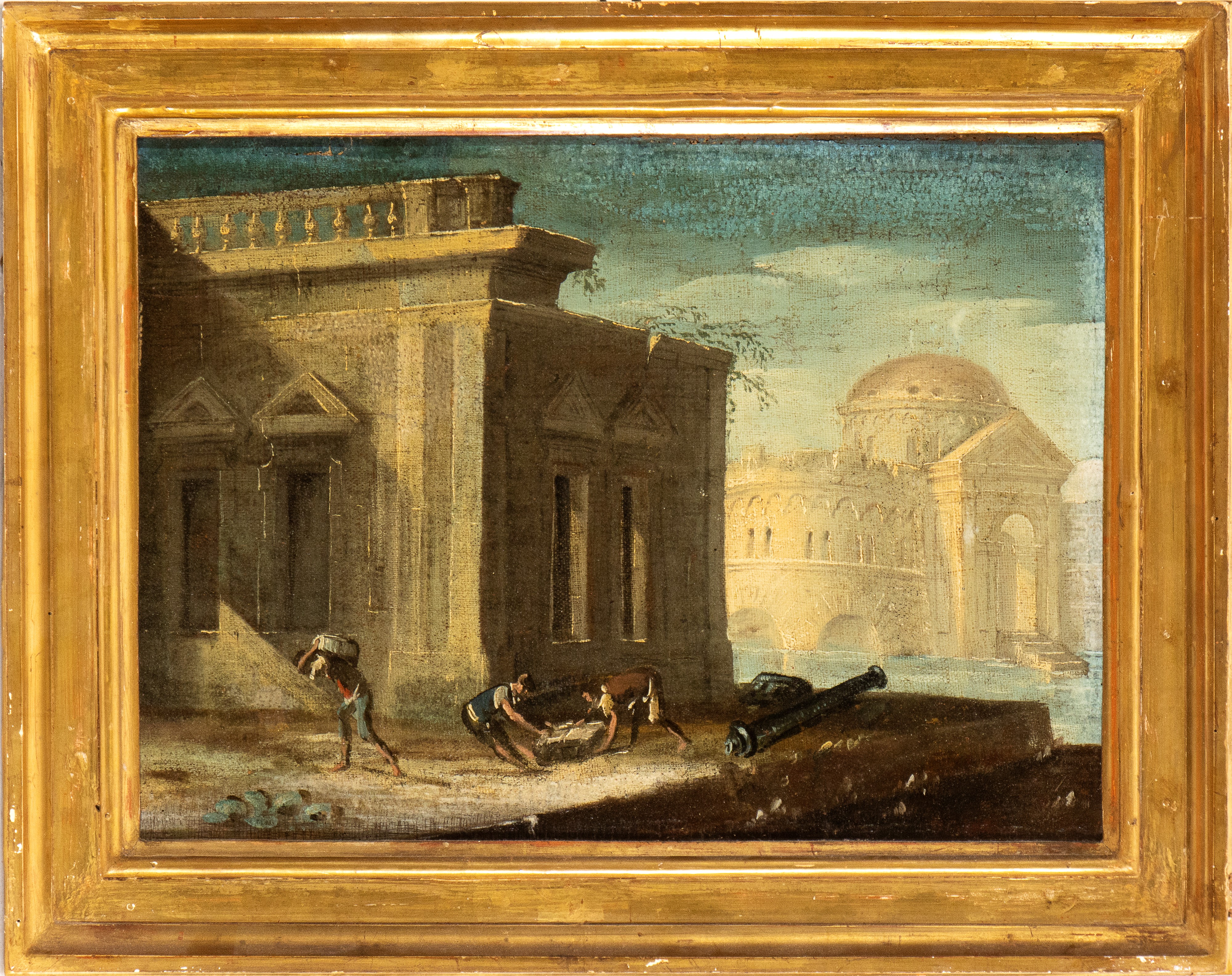 a) Capriccio architettonico con tre figure ed un cannone; b) Capriccio architettonico con una fig...