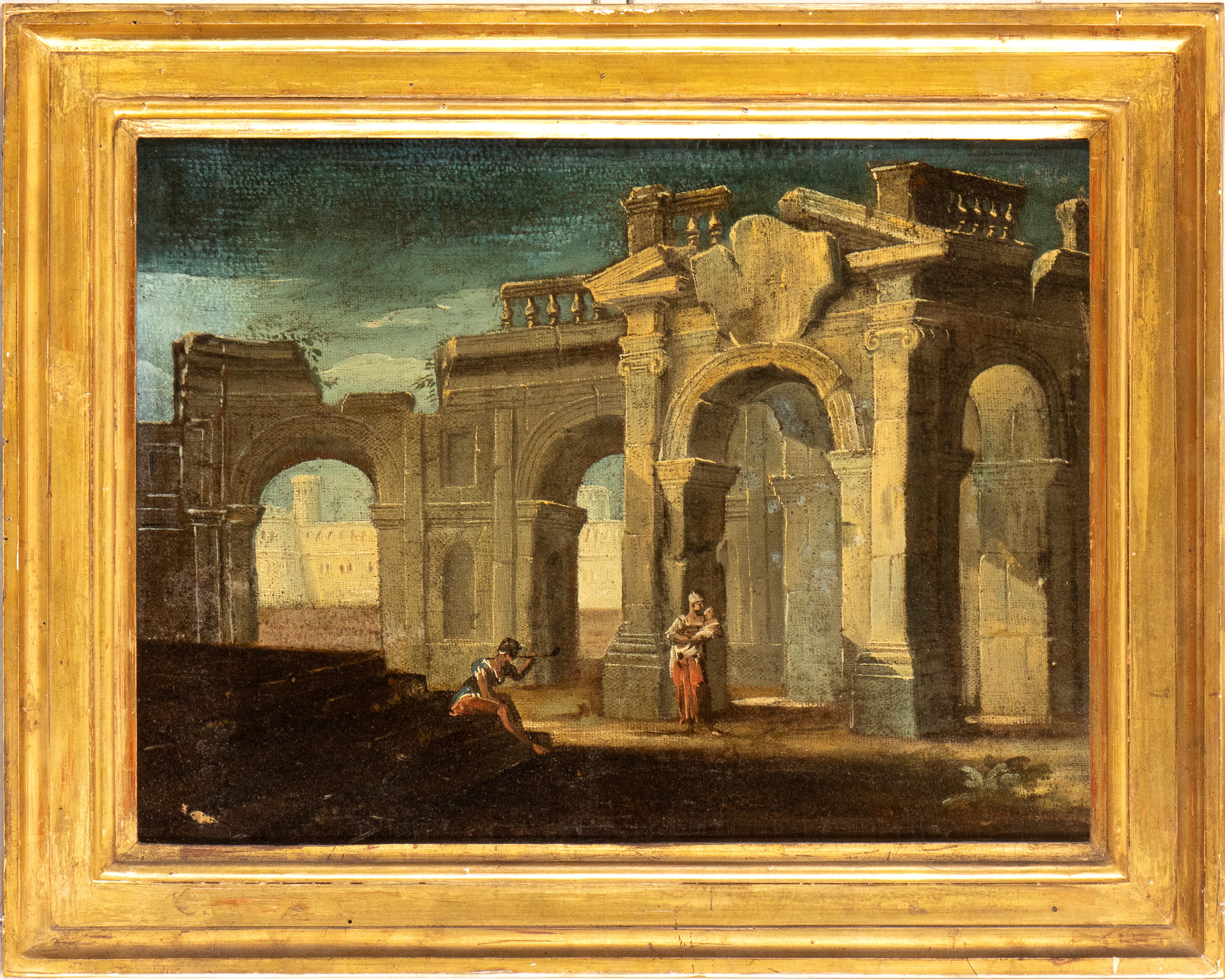 a) Capriccio architettonico con tre figure ed un cannone; b) Capriccio architettonico con una fig...