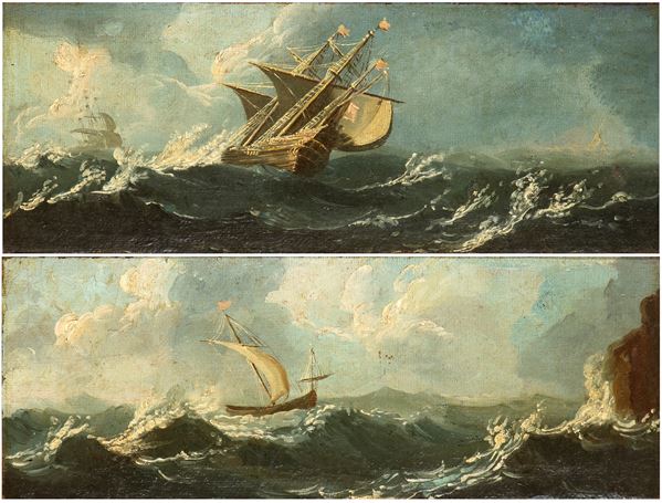 Artista fiammingo, XVIII secolo - a) Sea storm with sailing ship; b) Stormy sea with boat. Pair of paintings