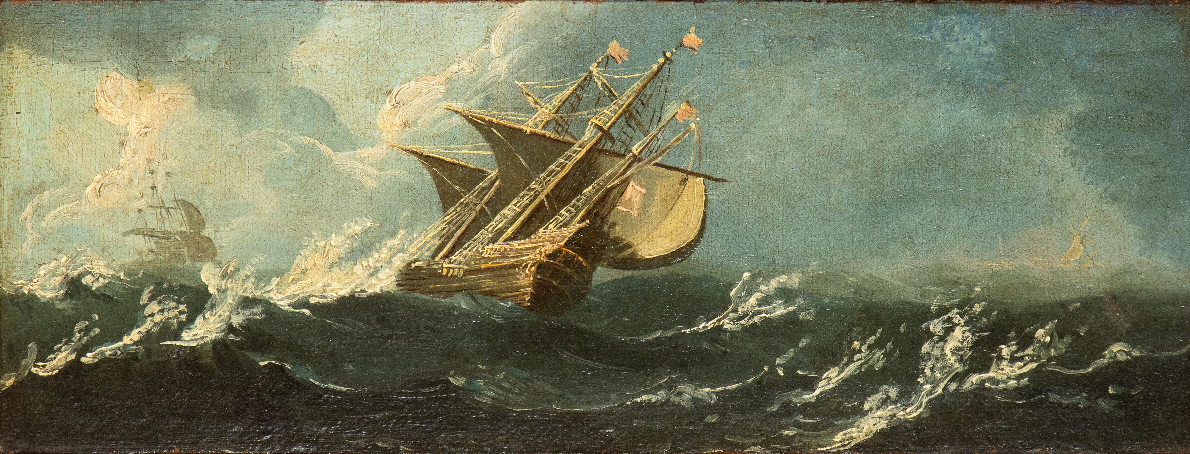 a) Tempesta di mare con veliero; b) Mare in burrasca con imbarcazione. Coppia di dipinti