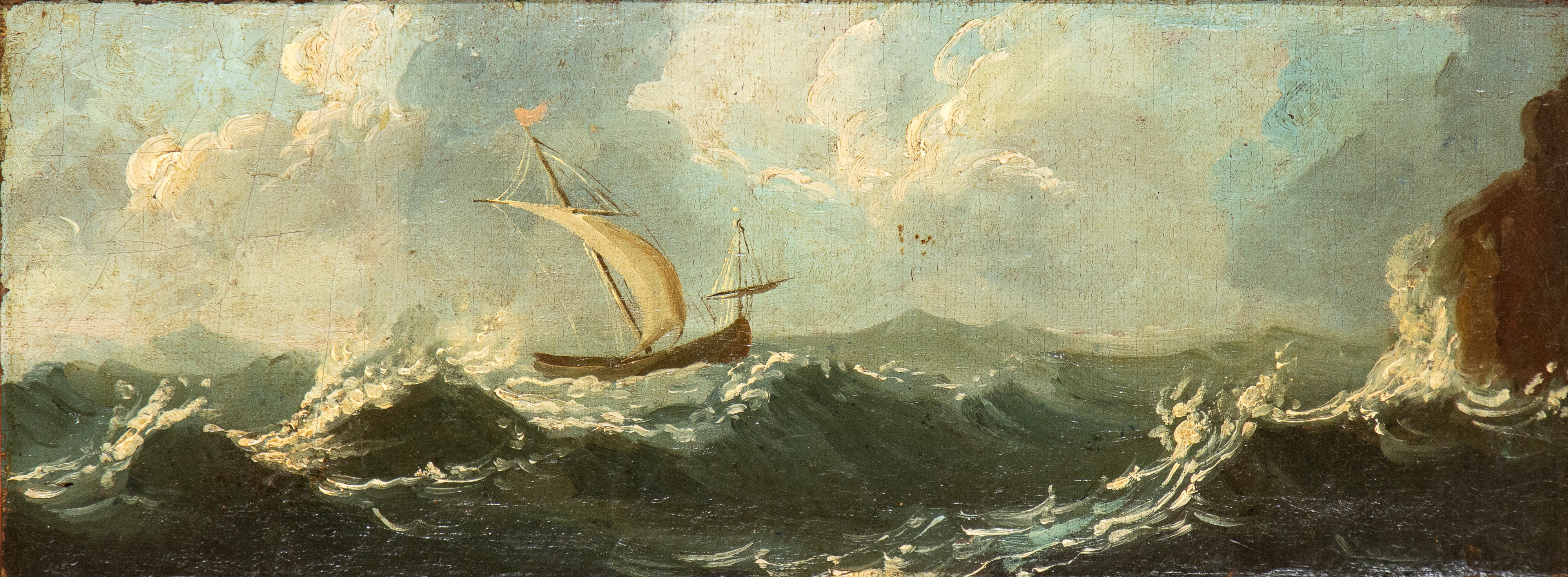 a) Tempesta di mare con veliero; b) Mare in burrasca con imbarcazione. Coppia di dipinti