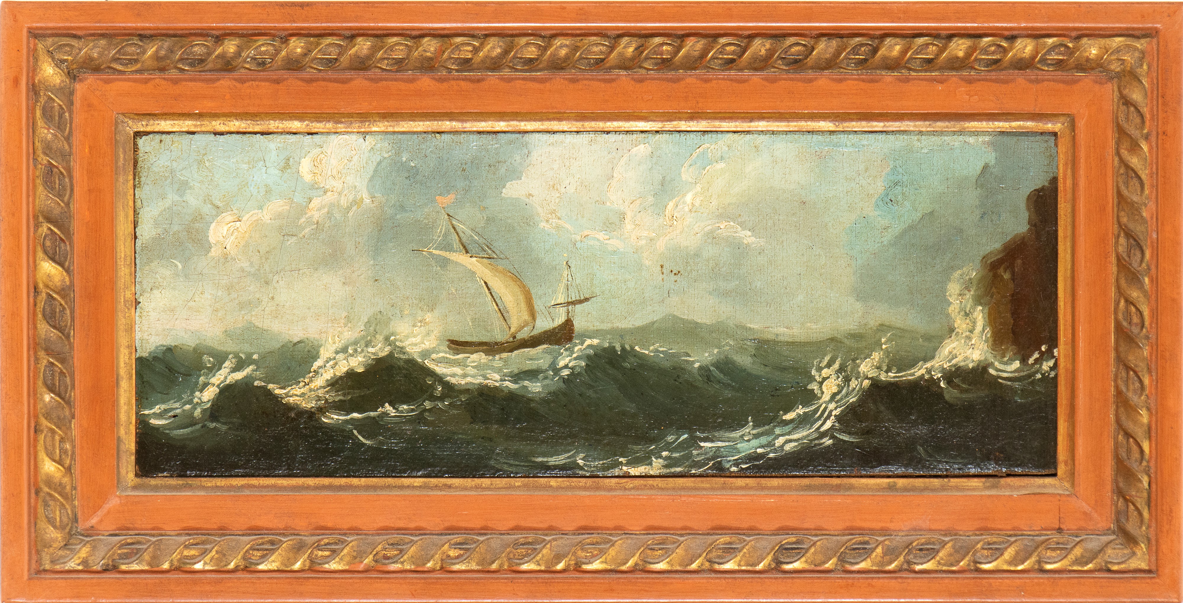 a) Tempesta di mare con veliero; b) Mare in burrasca con imbarcazione. Coppia di dipinti