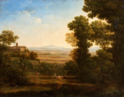 Paesaggio di Fantasia con Figure e Borgo sullo Sfondo