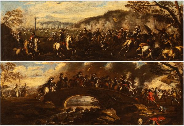 Francesco Graziani Ciccio Napoletano - a) Battle of cavalries in an open field; b) Battle near a bridge. Pair of paintings