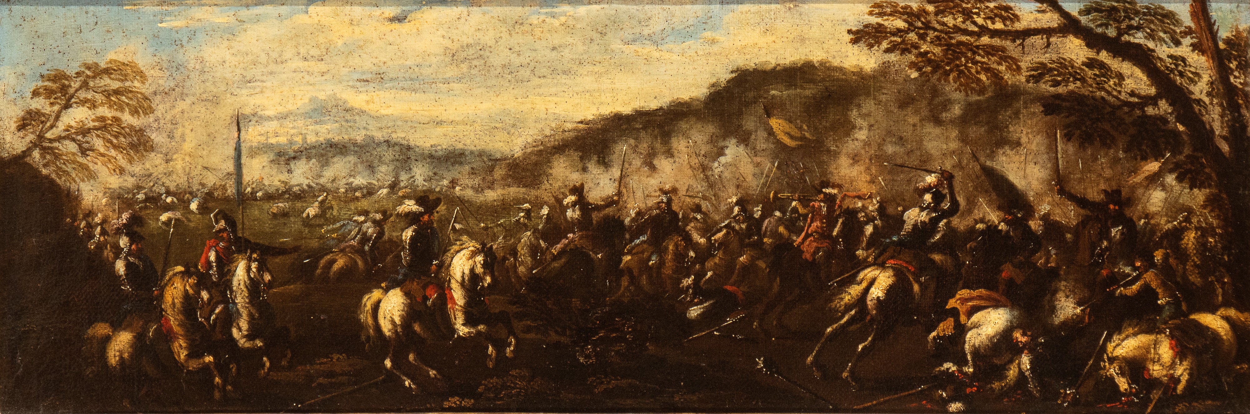 a) Scontro di cavallerie in campo aperto; b) Battaglia presso un ponte. Coppia di dipinti