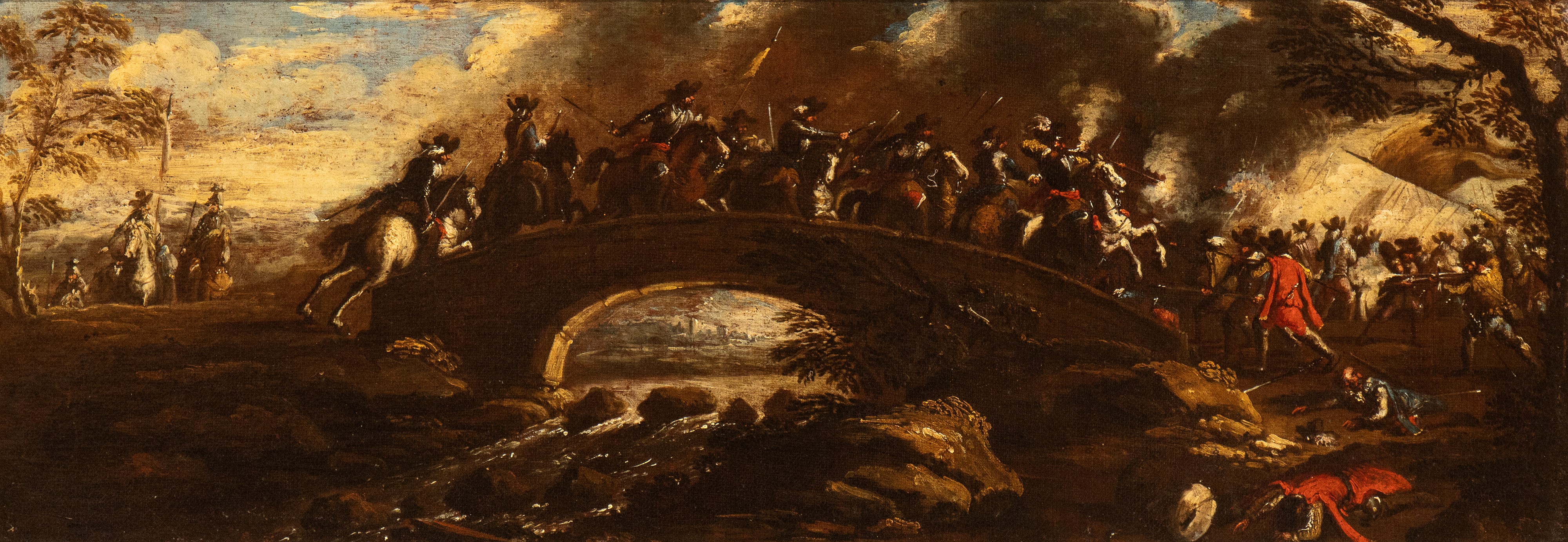 a) Scontro di cavallerie in campo aperto; b) Battaglia presso un ponte. Coppia di dipinti