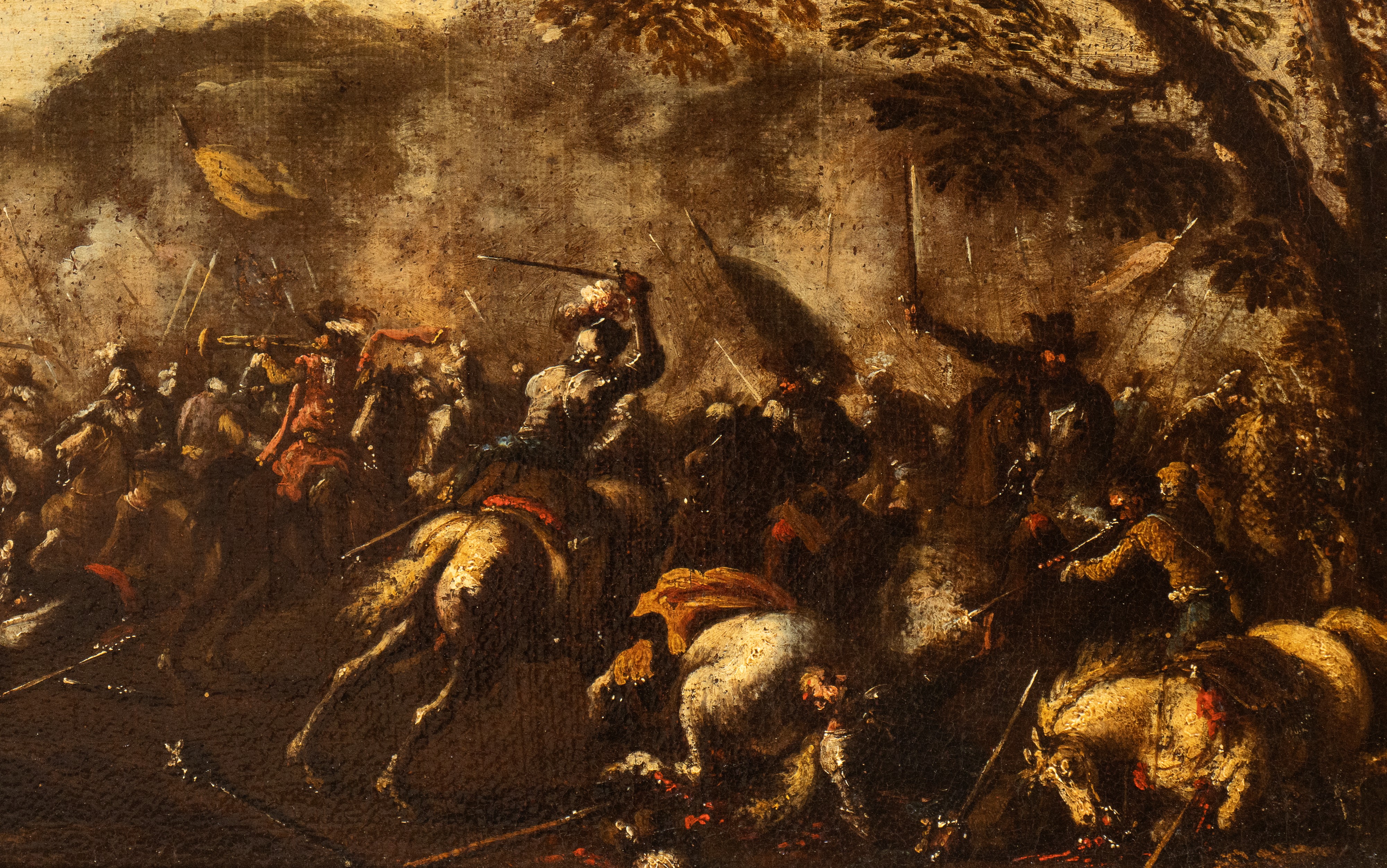 a) Scontro di cavallerie in campo aperto; b) Battaglia presso un ponte. Coppia di dipinti