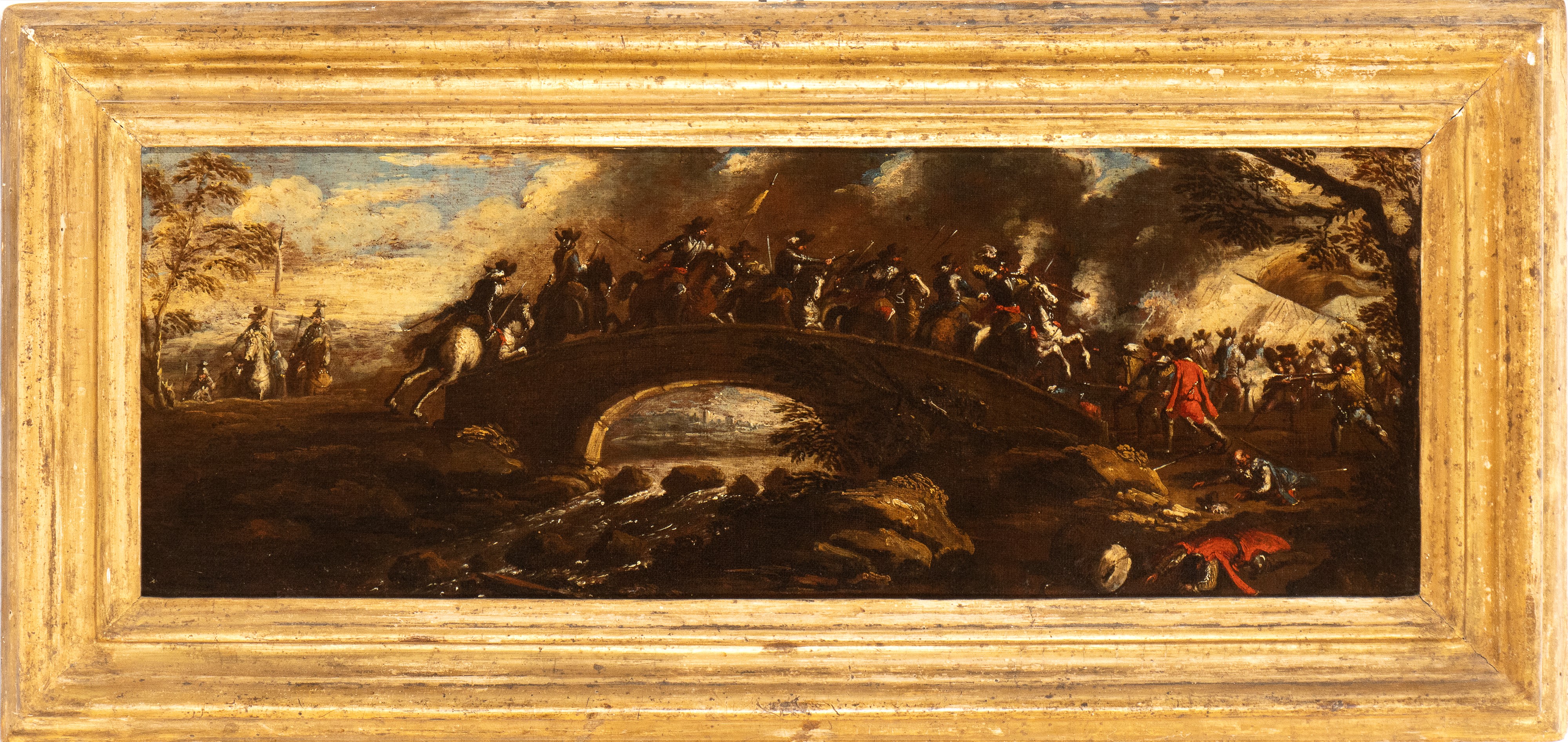 a) Scontro di cavallerie in campo aperto; b) Battaglia presso un ponte. Coppia di dipinti