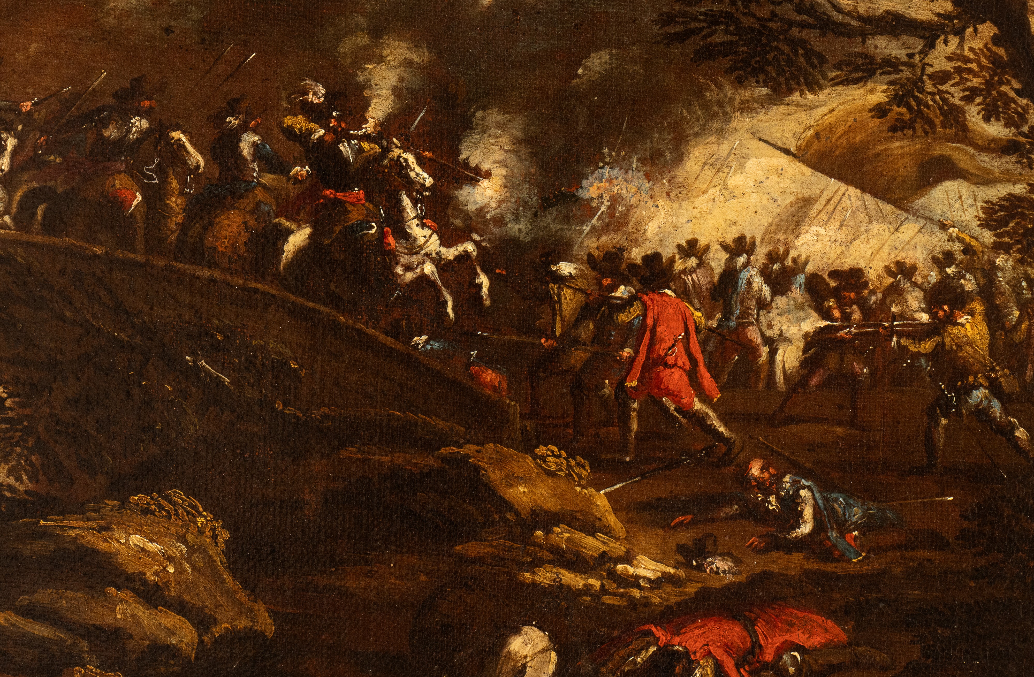 a) Scontro di cavallerie in campo aperto; b) Battaglia presso un ponte. Coppia di dipinti