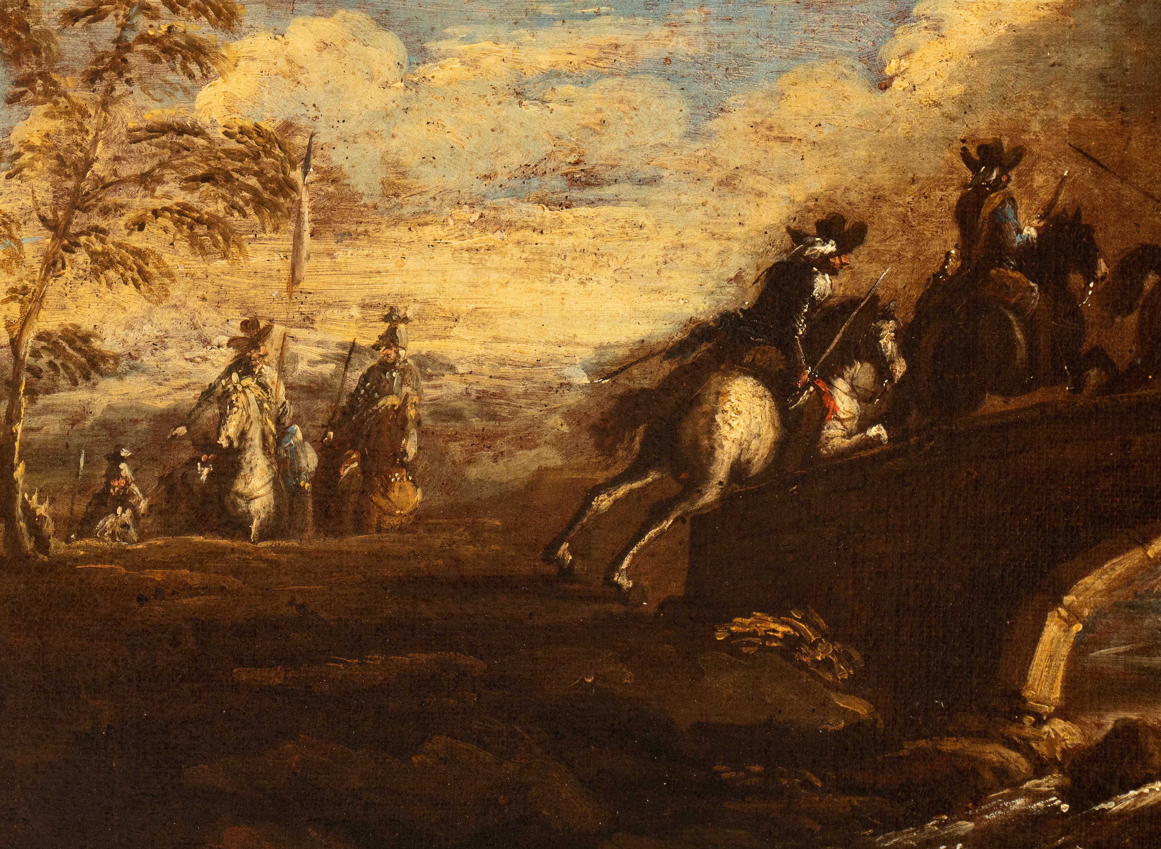 a) Scontro di cavallerie in campo aperto; b) Battaglia presso un ponte. Coppia di dipinti