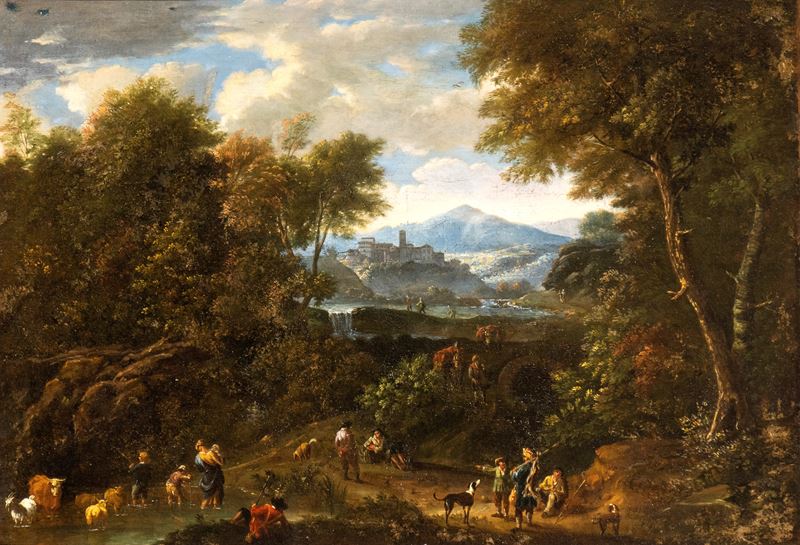 Paesaggio con figure e borgo sullo sfondo