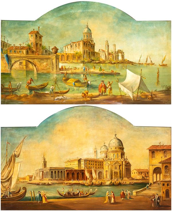 Pittura veneta, XVIII secolo - a) Venetian architectural capriccio; b) View of Punta della Dogana and Santa Maria della Salute. Pair of paintings