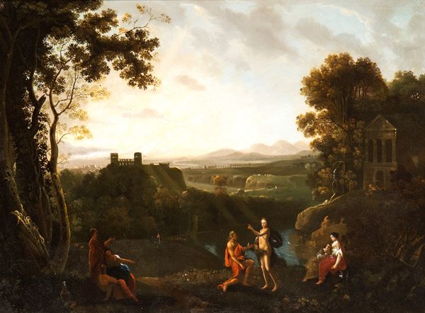 Artista attivo a Roma, XVIII secolo - Classical landscape with figures, river and monuments