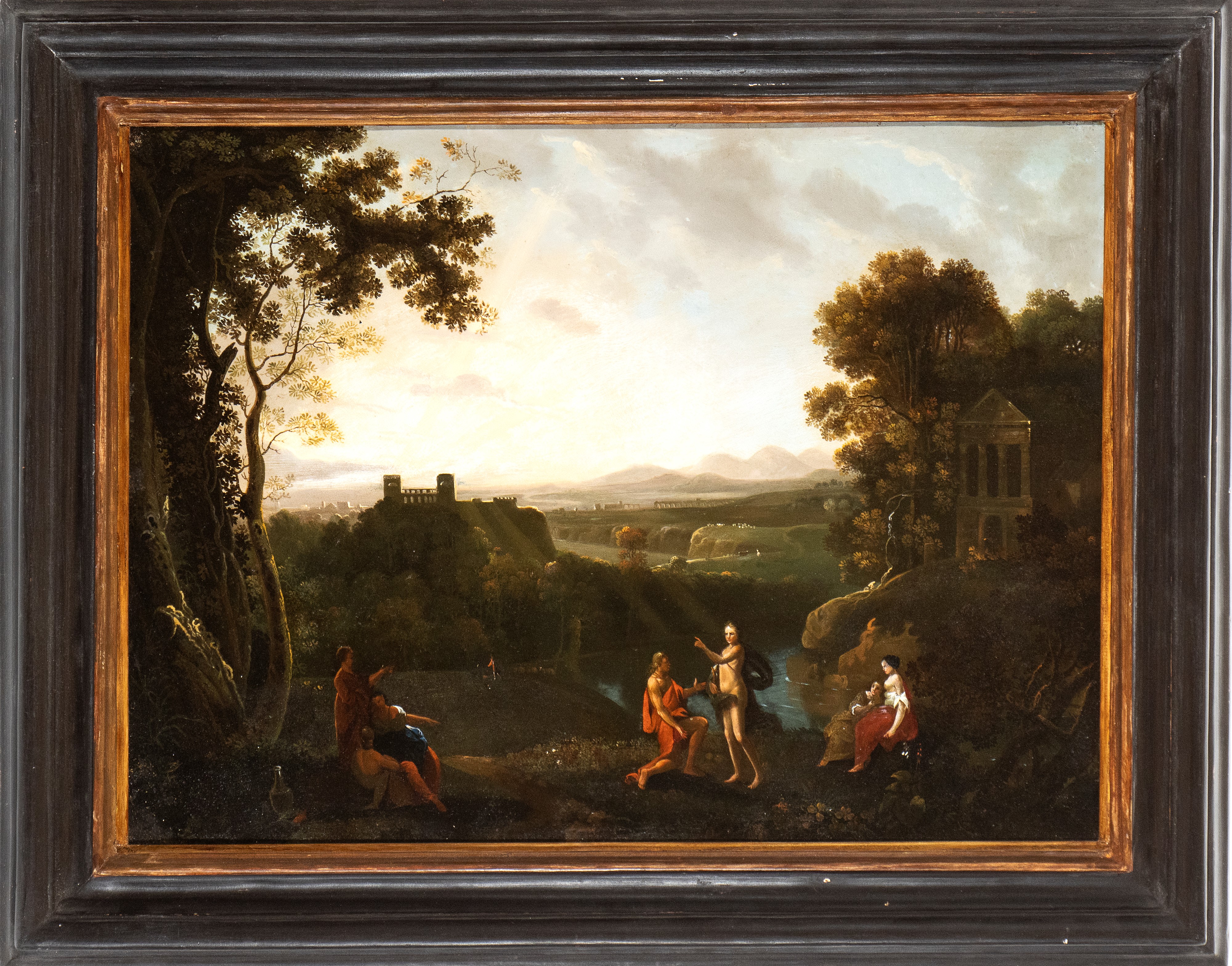 Paesaggio classico con figure, corso d'acqua e monumenti