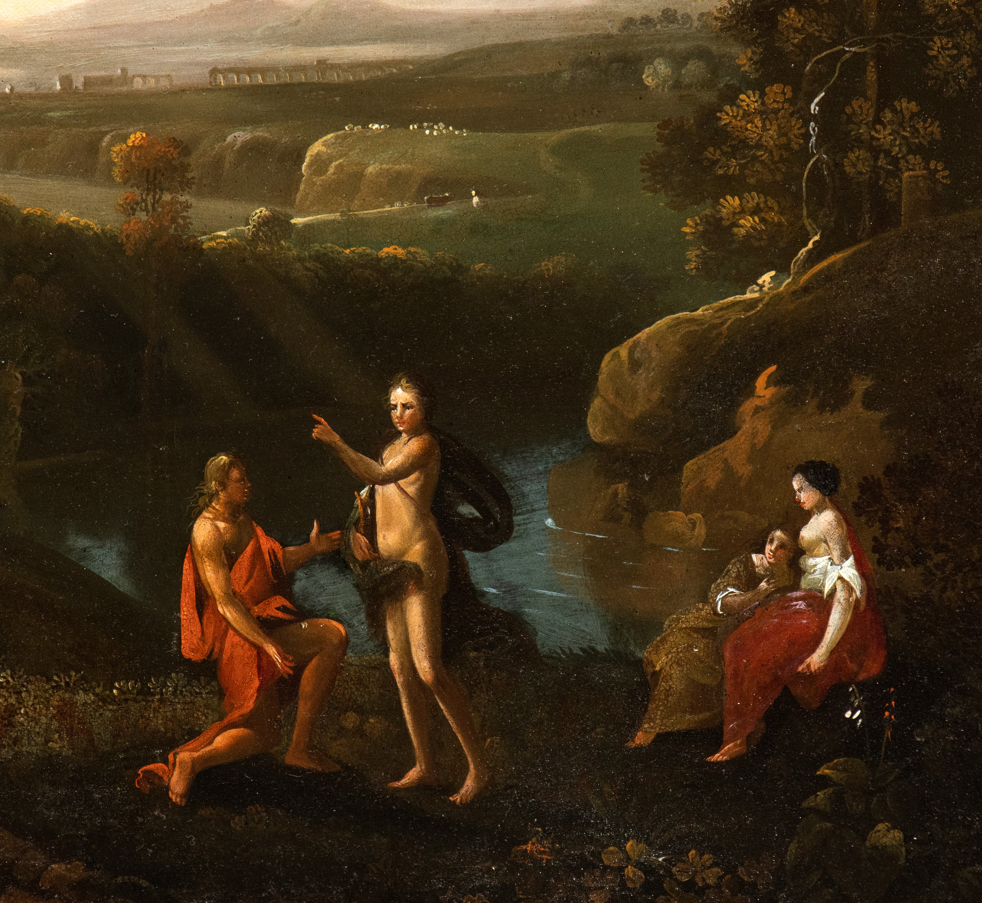 Paesaggio classico con figure, corso d'acqua e monumenti