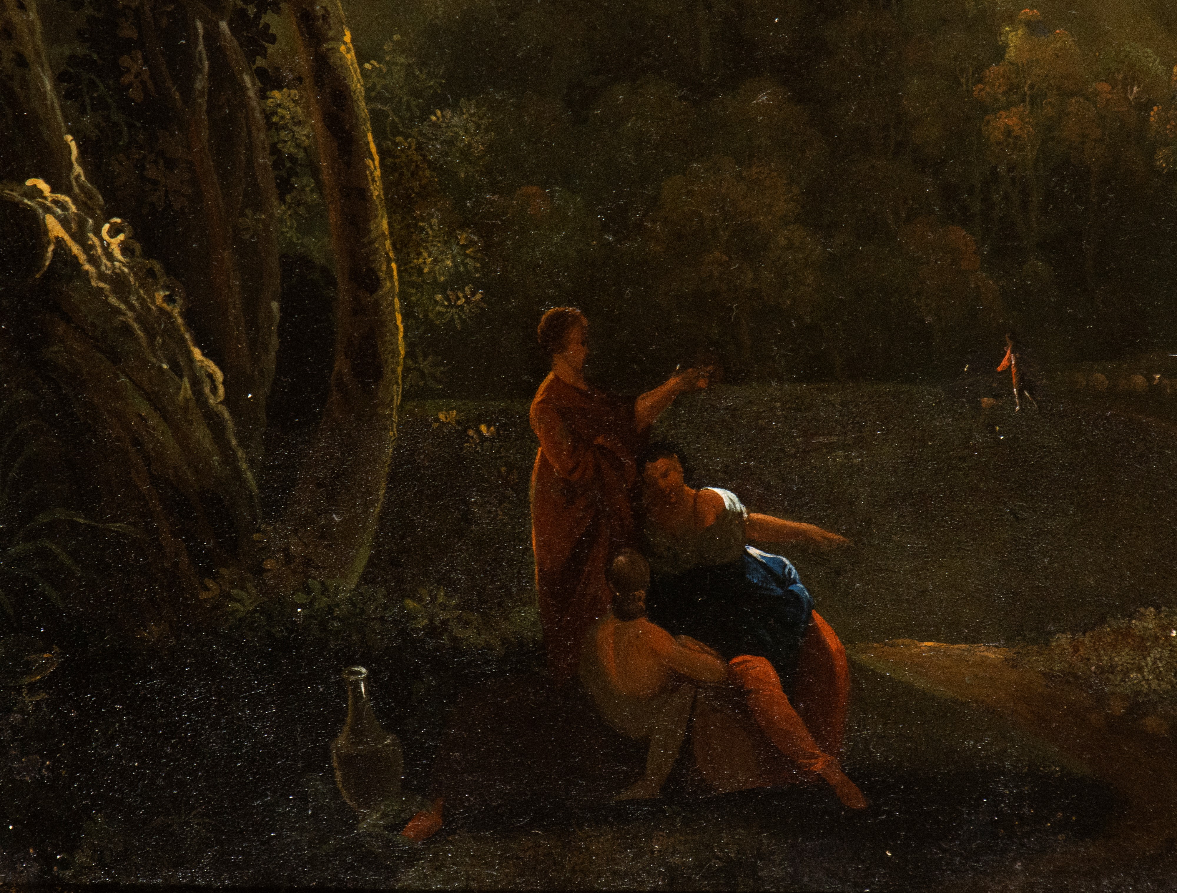 Paesaggio classico con figure, corso d'acqua e monumenti