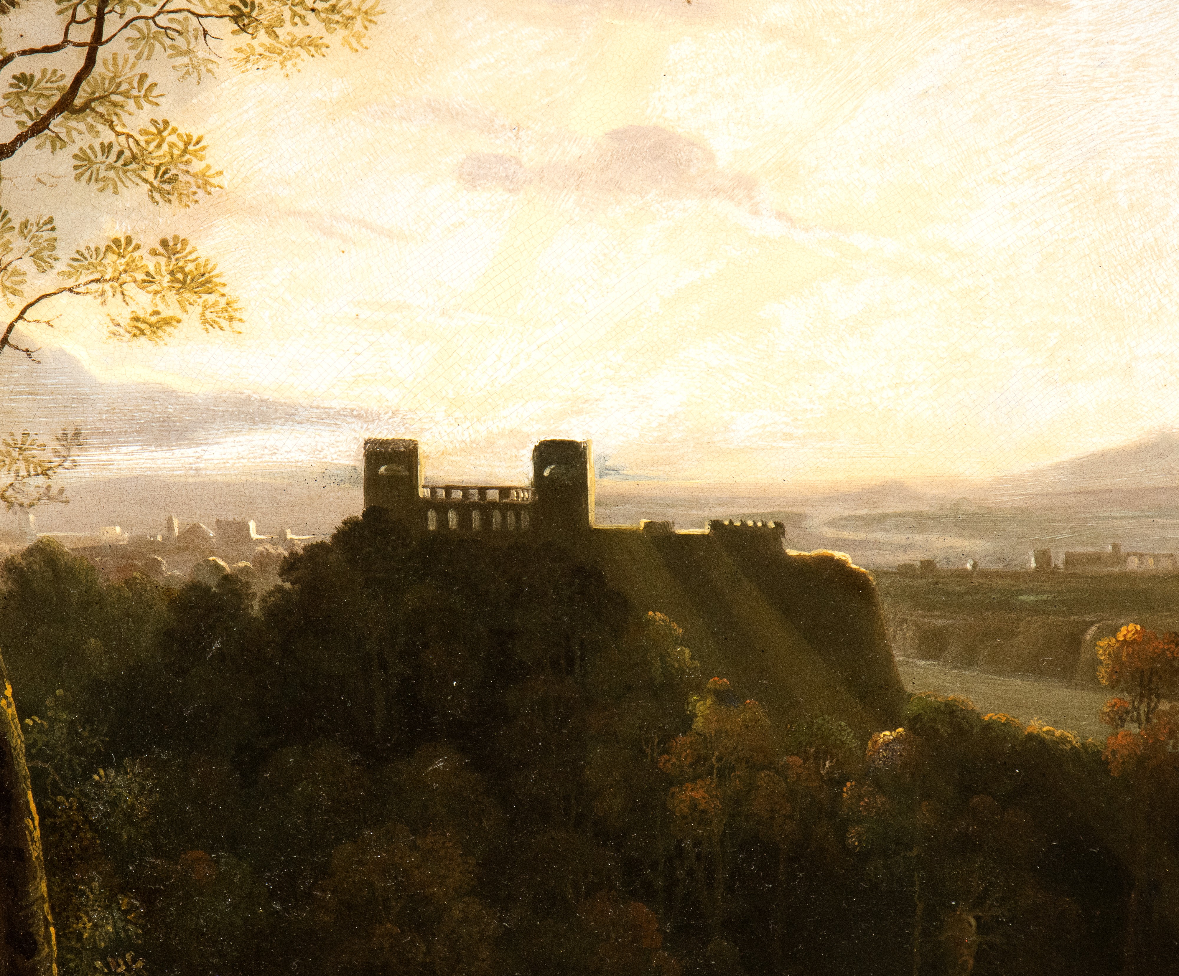 Paesaggio classico con figure, corso d'acqua e monumenti