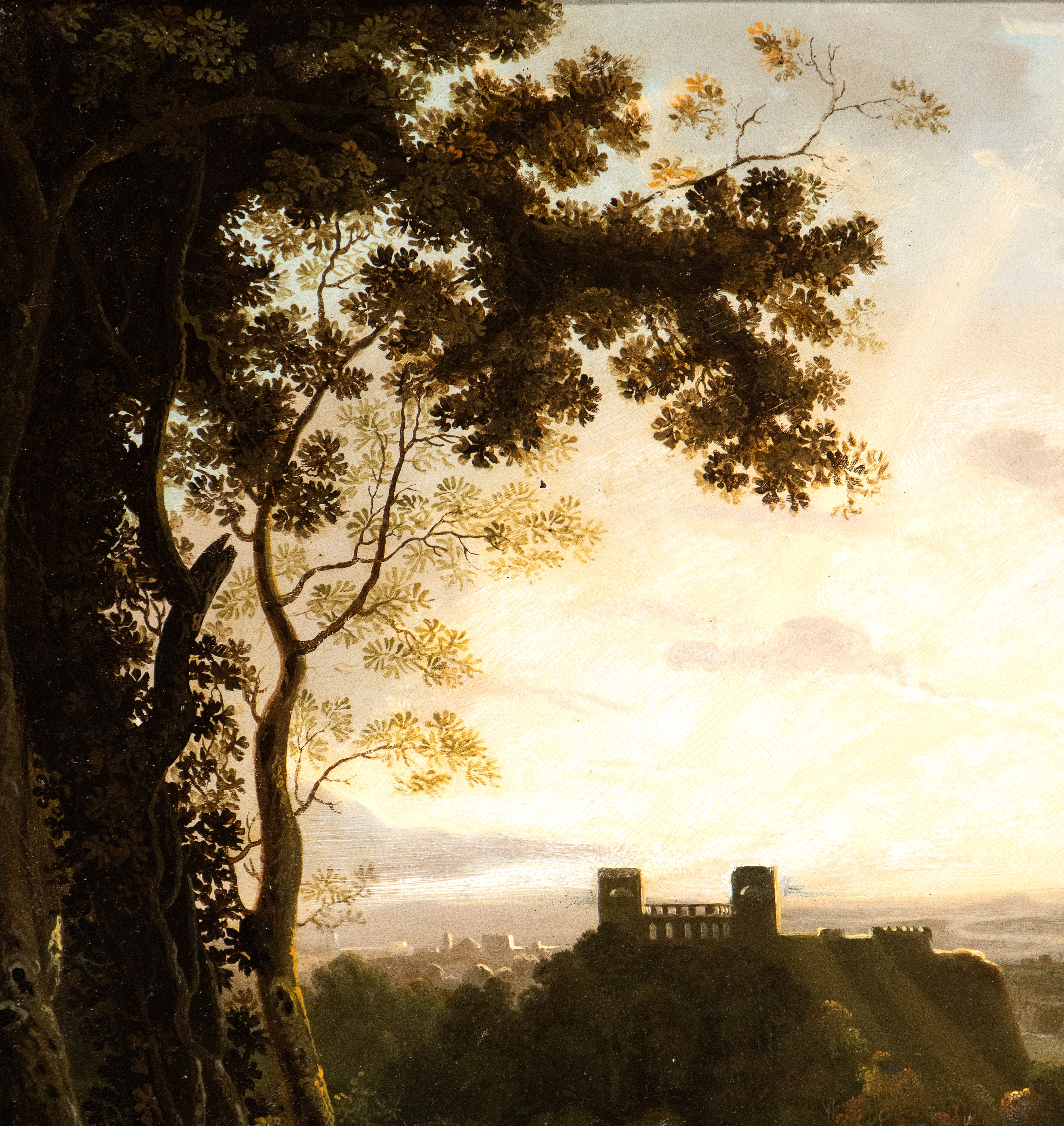 Paesaggio classico con figure, corso d'acqua e monumenti