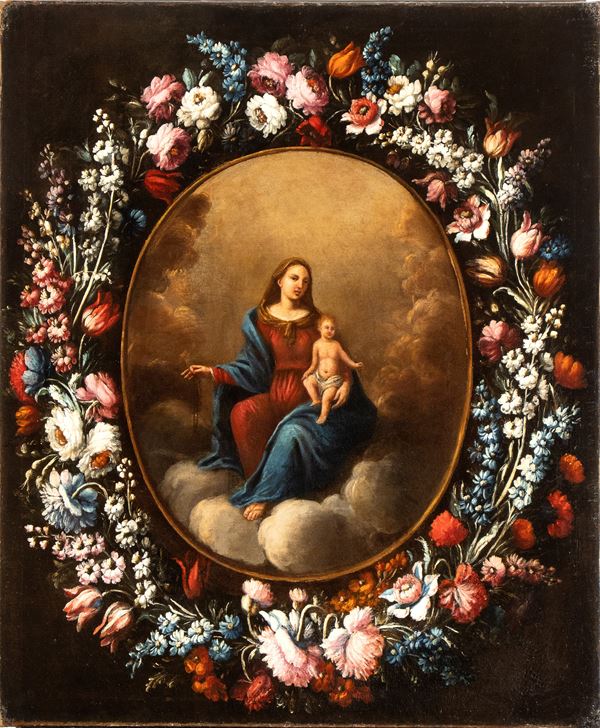 Artista attivo a Roma, met&#224; XVII secolo e anonimo figurista - Our Lady of the Rosary within a garland of flowers