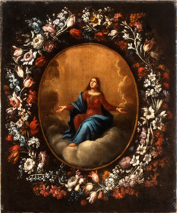 Artista attivo a Roma, met&#224; XVII secolo e anonimo figurista - Praying Virgin within a garland of flowers