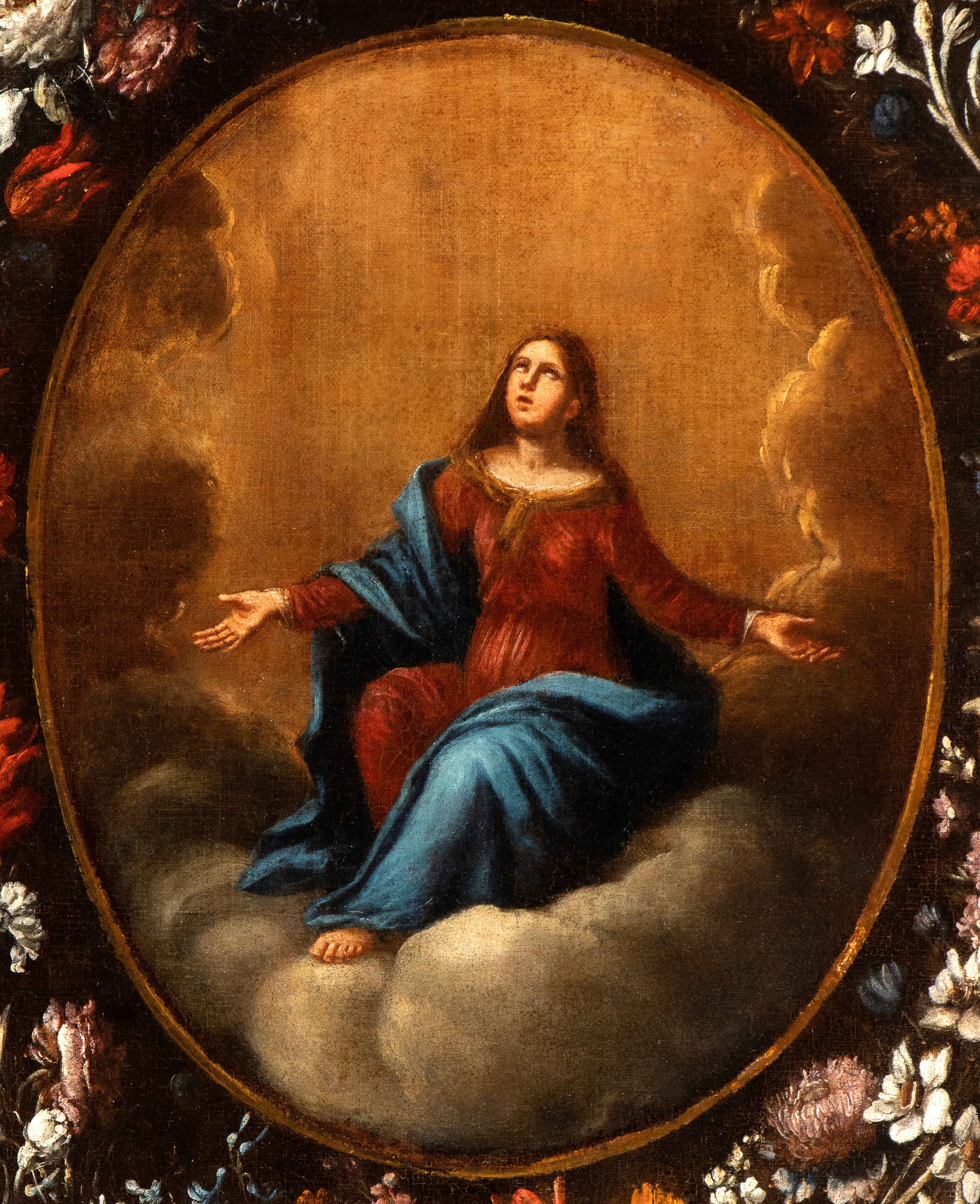 Artista Attivo a Roma, Metà XVII Secolo e Anonimo Figurista - Vergine Orante Entro una Ghirlanda ...